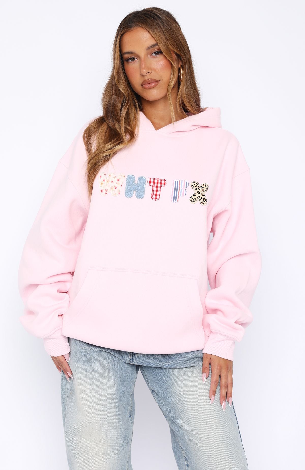 Pink Oversized Hoodie with Fleece Lining & Patchwork Logo