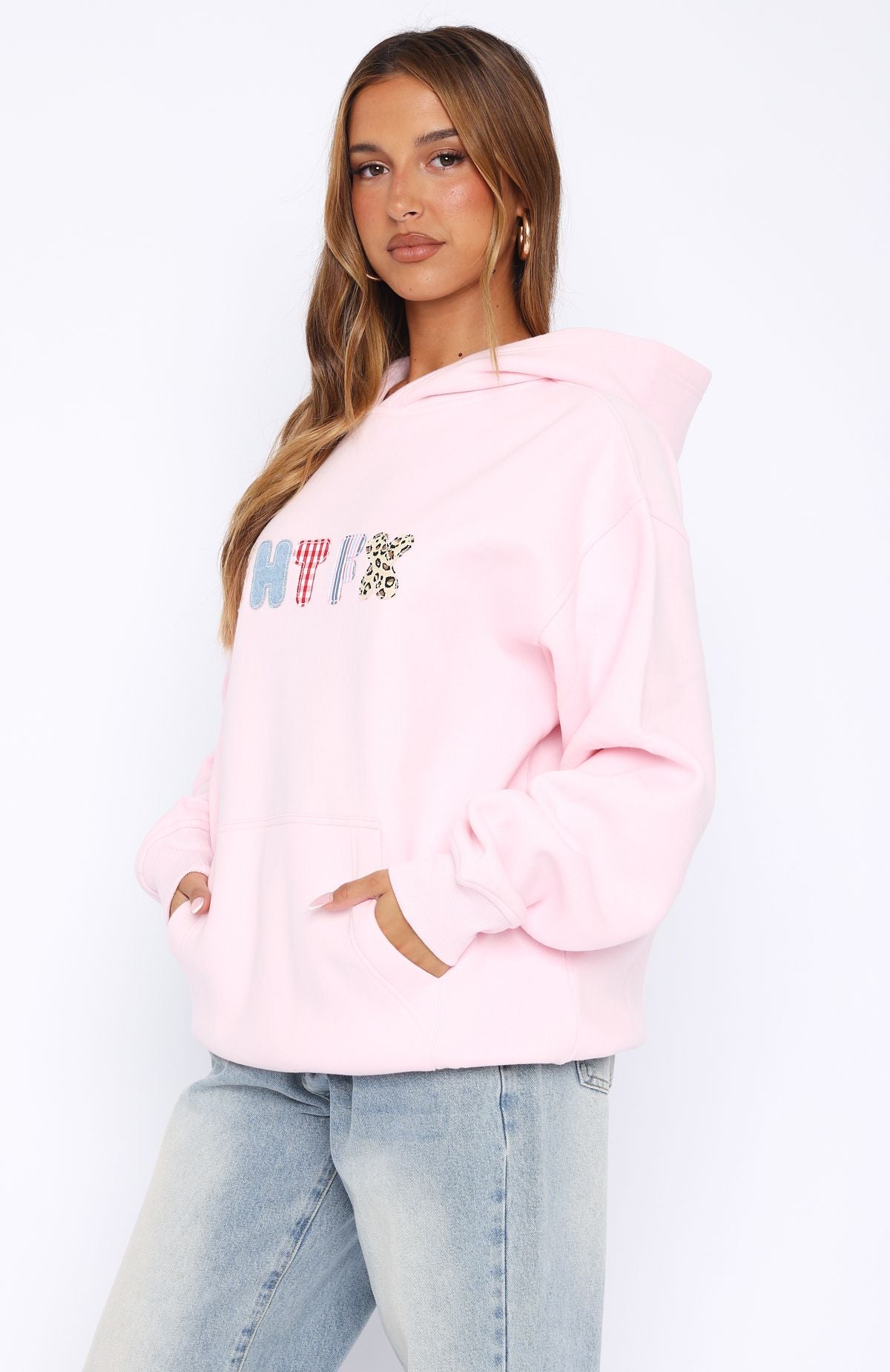 Pink Oversized Hoodie with Fleece Lining & Patchwork Logo