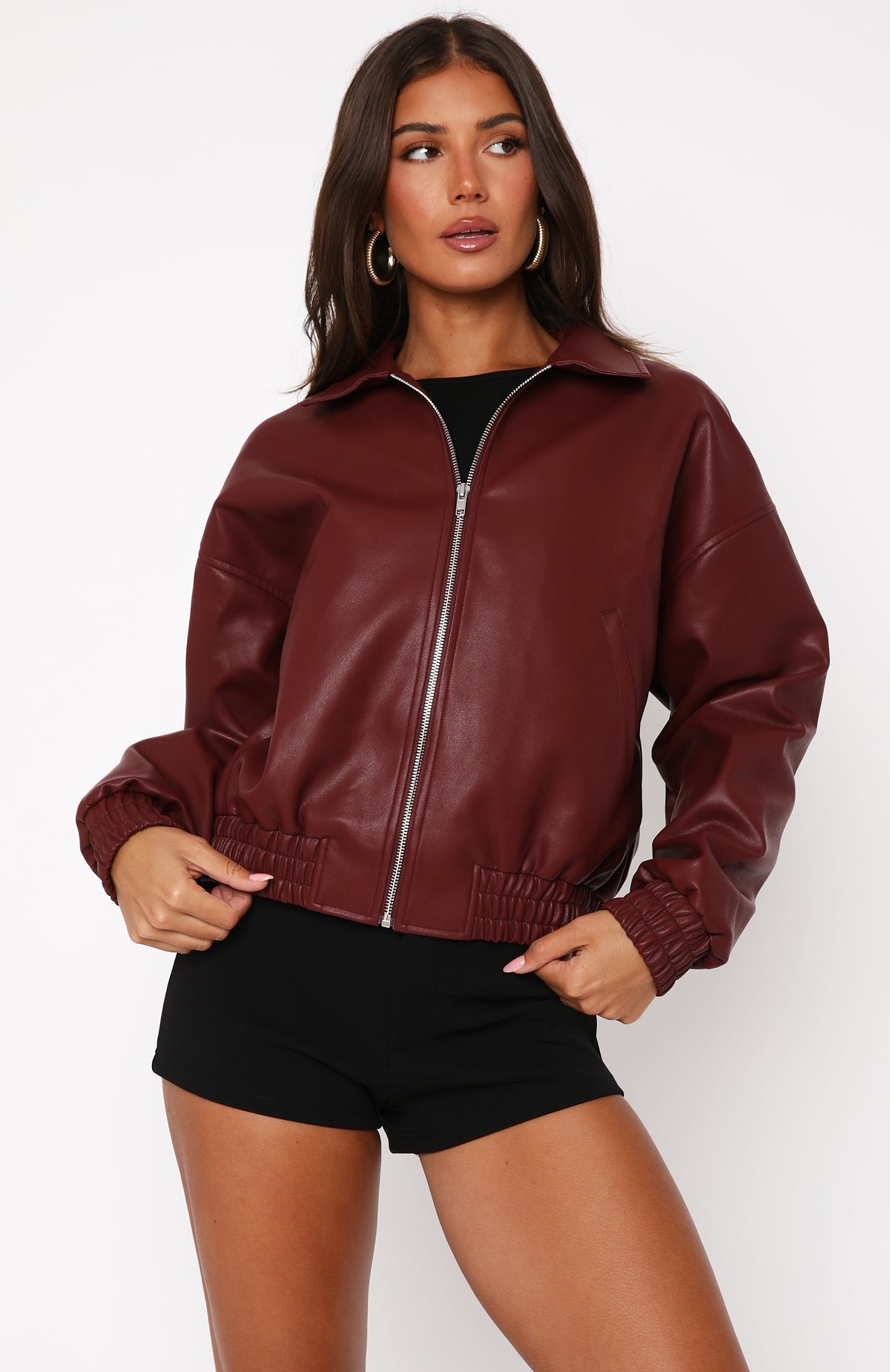 Might Cause Trouble Burgundy PU Leather Bomber Jacket