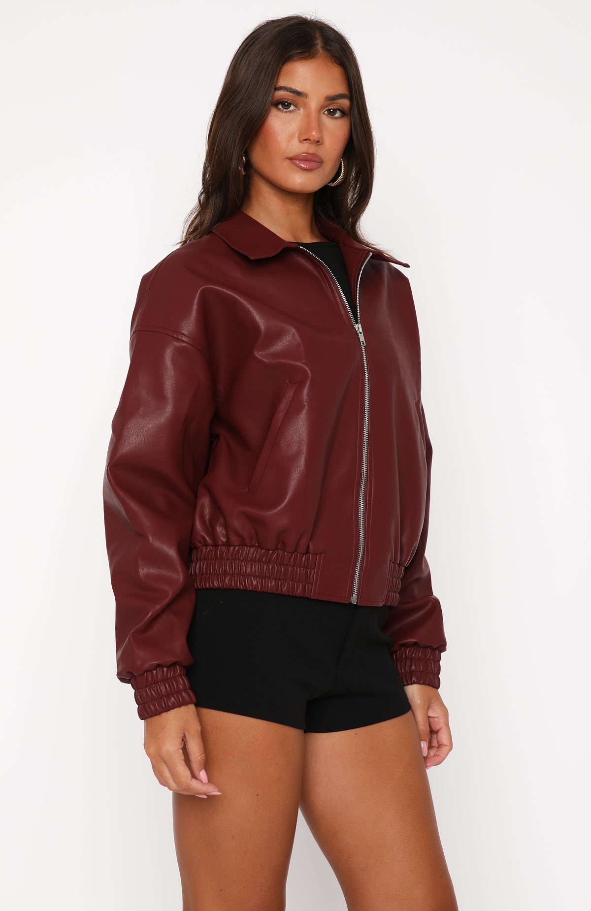 Might Cause Trouble Burgundy PU Leather Bomber Jacket