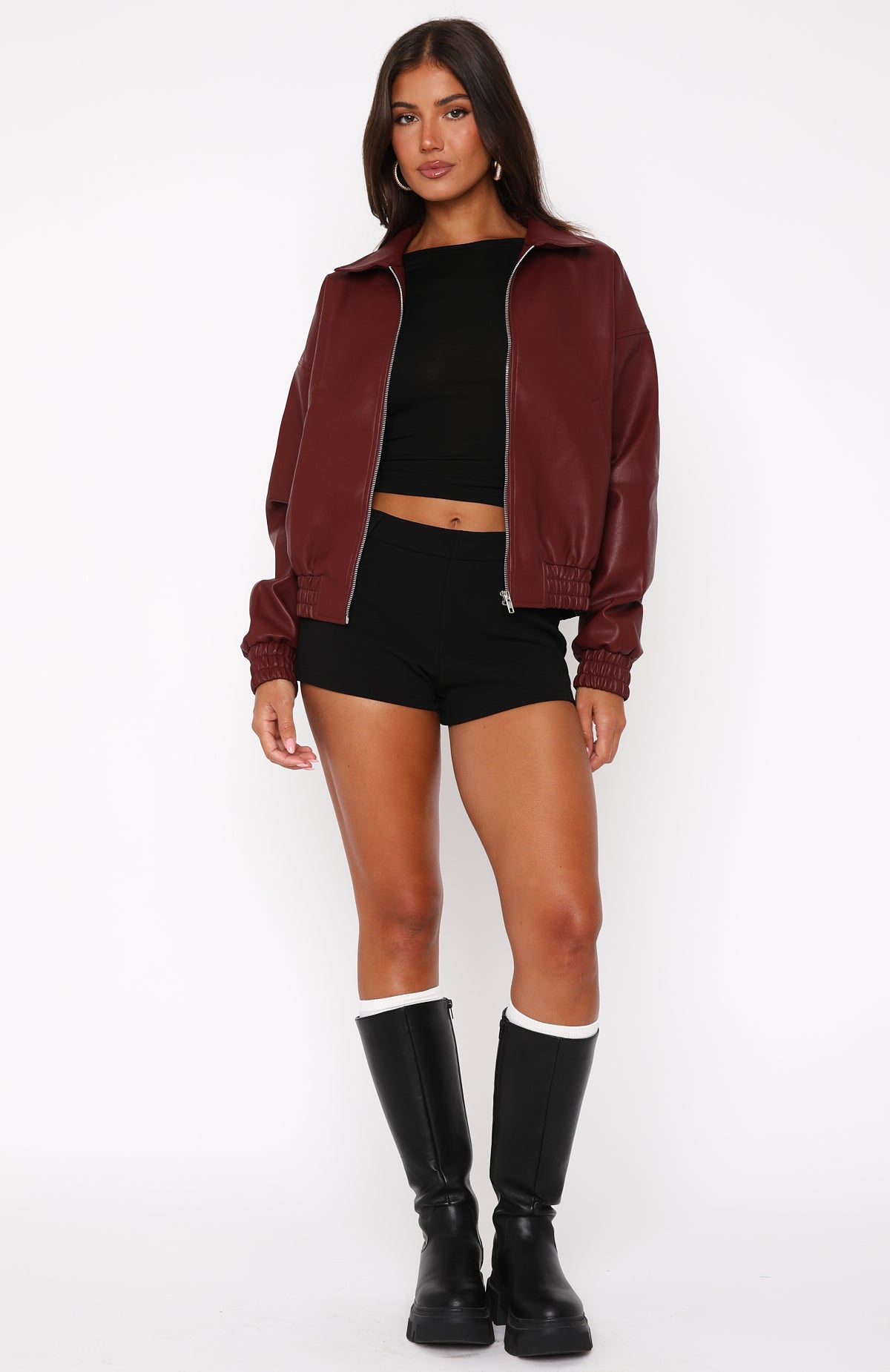 Might Cause Trouble Burgundy PU Leather Bomber Jacket