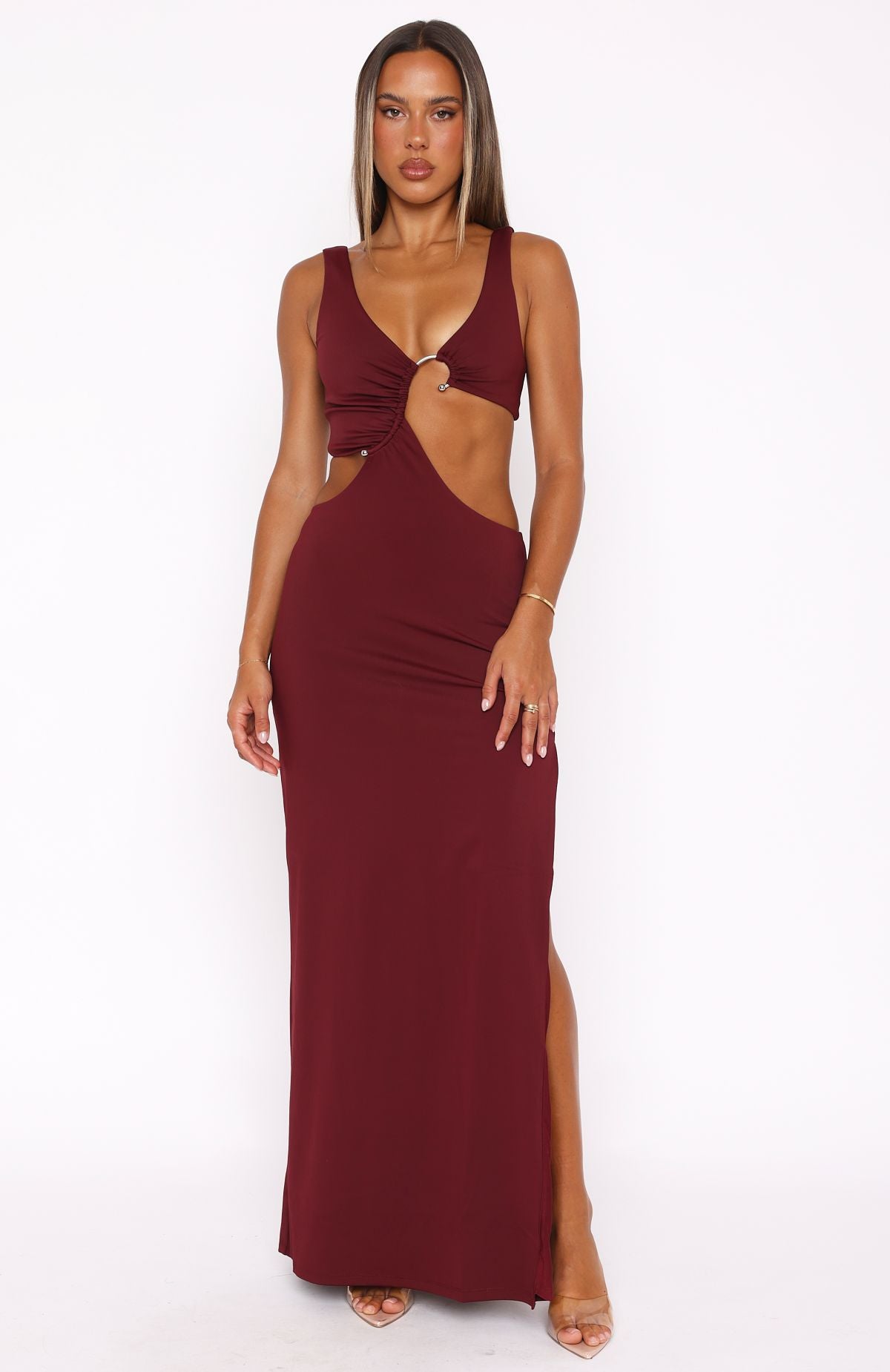 Burgundy Cut Out Maxi Dress with Plunge Neckline