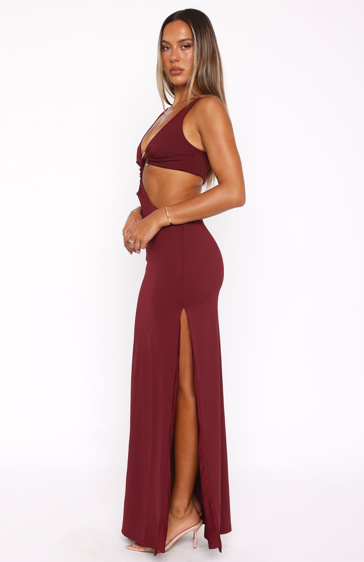 Burgundy Cut Out Maxi Dress with Plunge Neckline