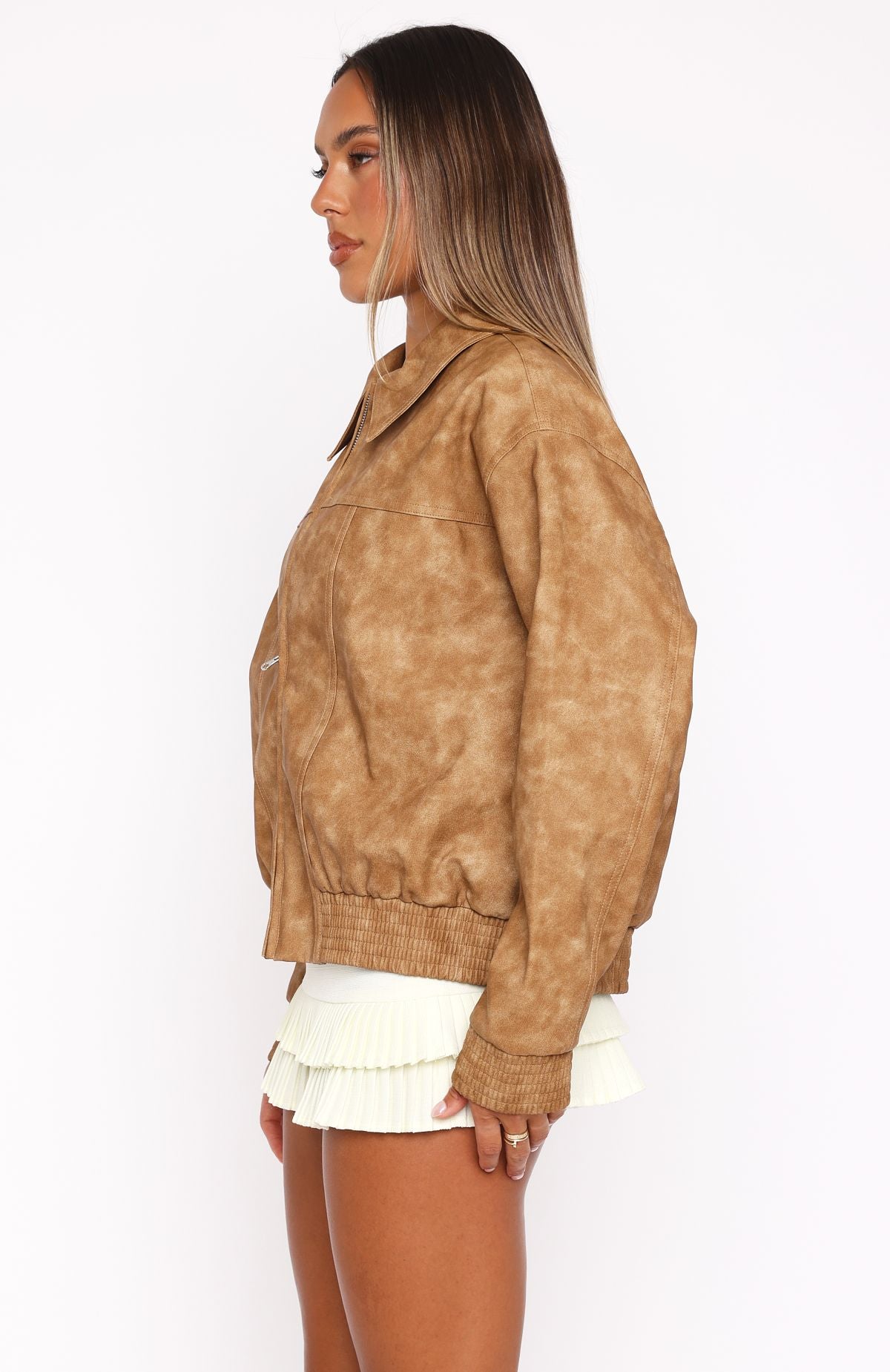 Tan PU Bomber Jacket by Make Things Right – Relaxed Fit & Zipper Closure