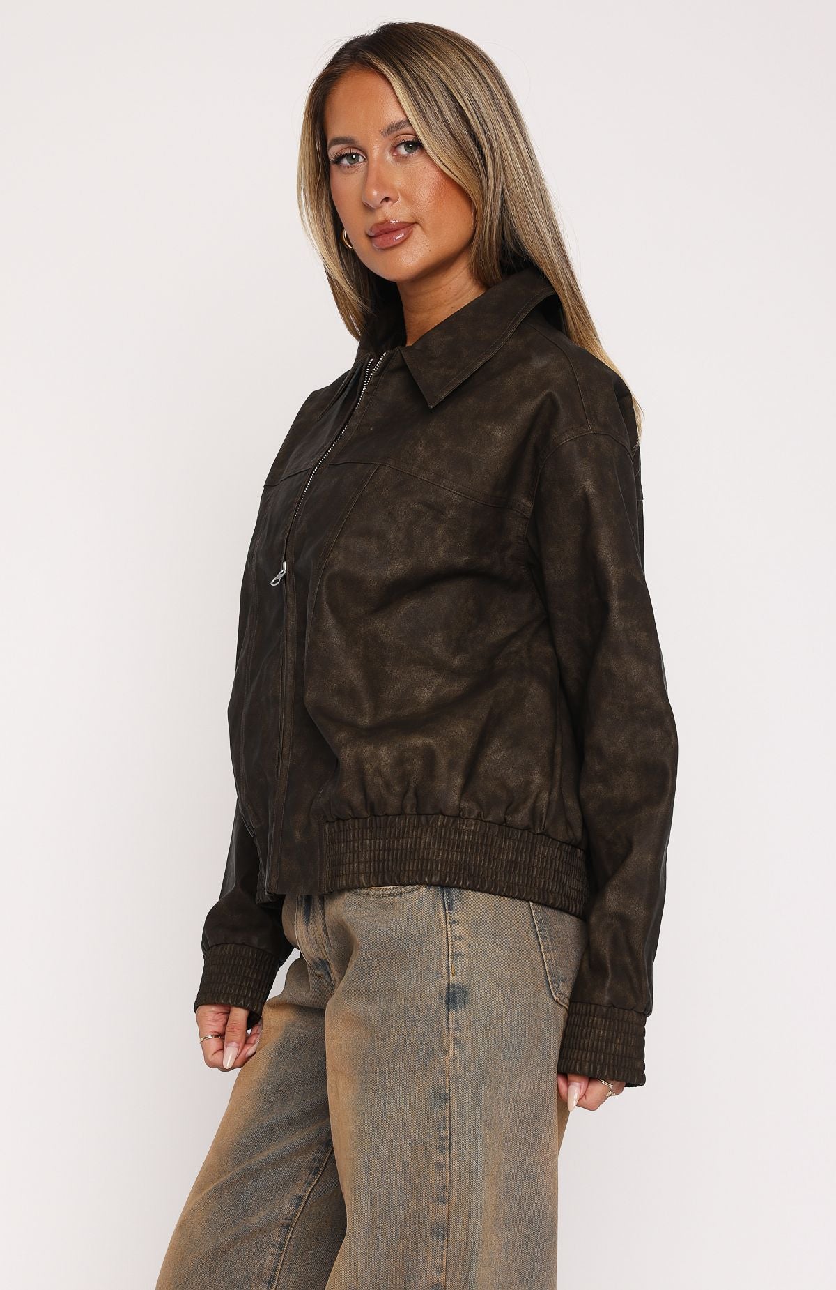 Chocolate PU Bomber Jacket by Make Things Right – Relaxed Fit