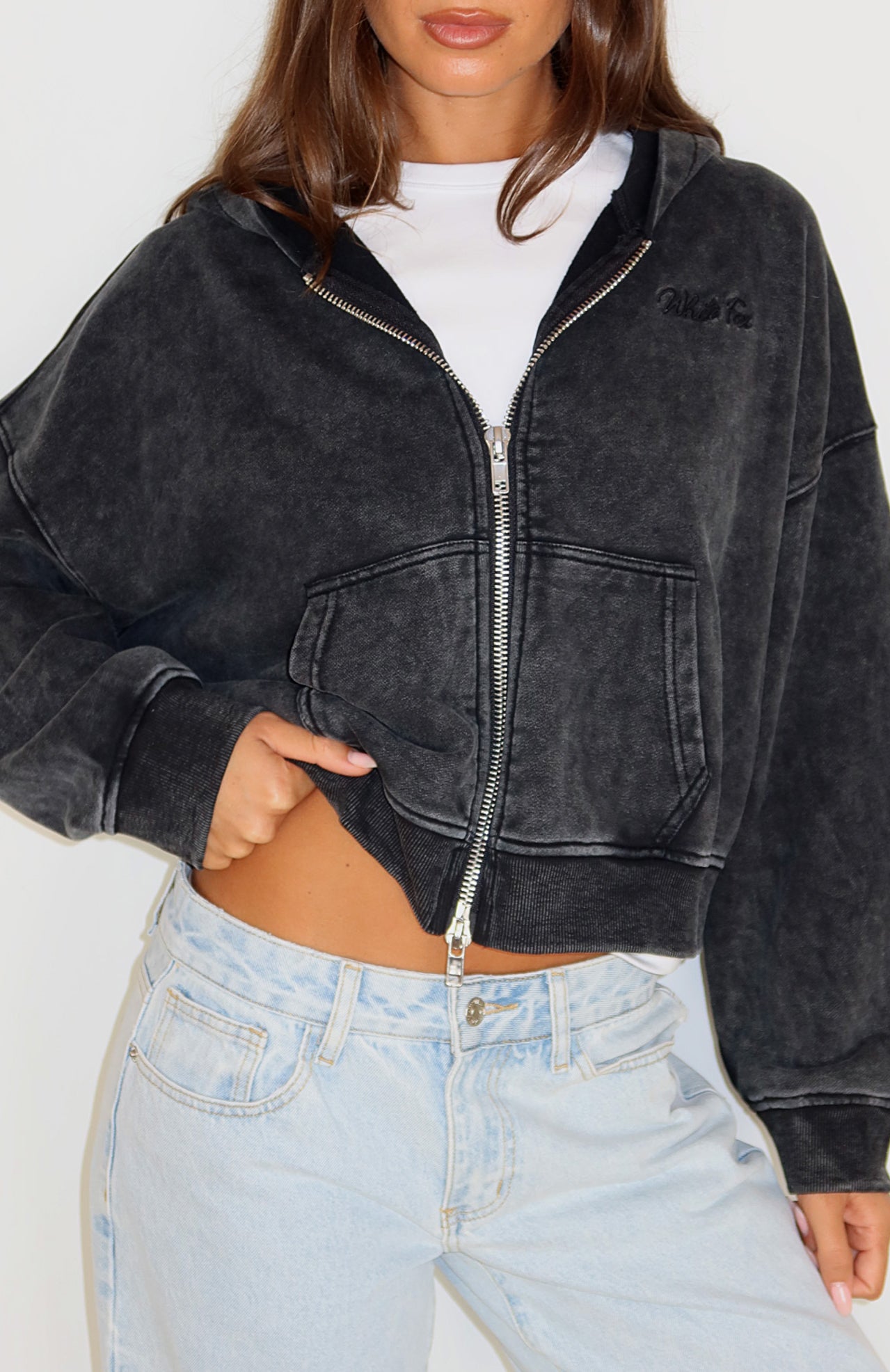 Women's Cropped Zip Hoodie - Oversized Black Cotton Hooded Sweatshirt