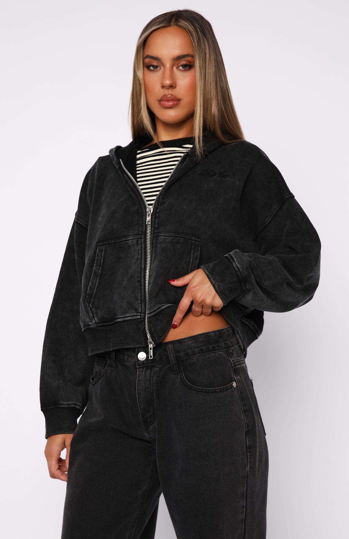 Women's Cropped Zip Hoodie - Oversized Black Cotton Hooded Sweatshirt