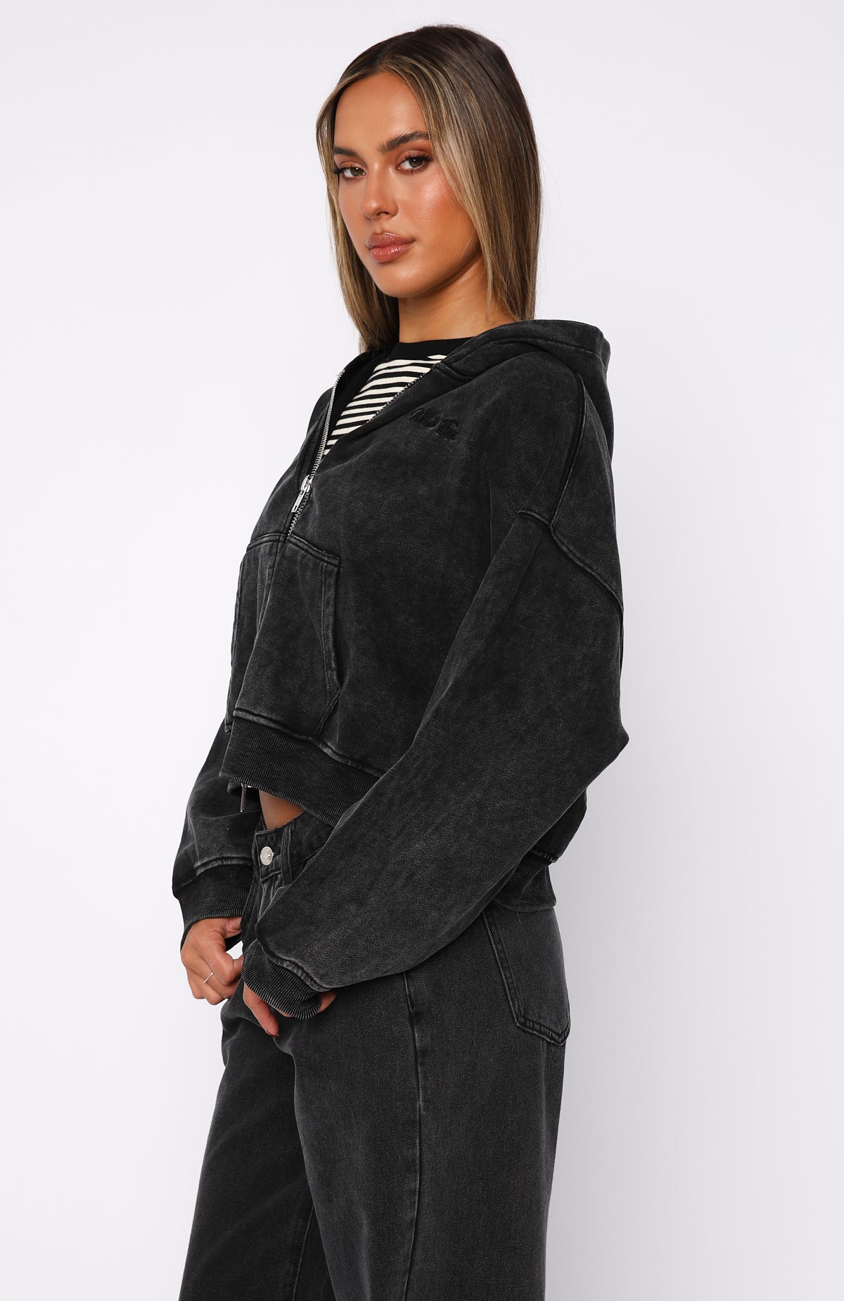 Women's Cropped Zip Hoodie - Oversized Black Cotton Hooded Sweatshirt