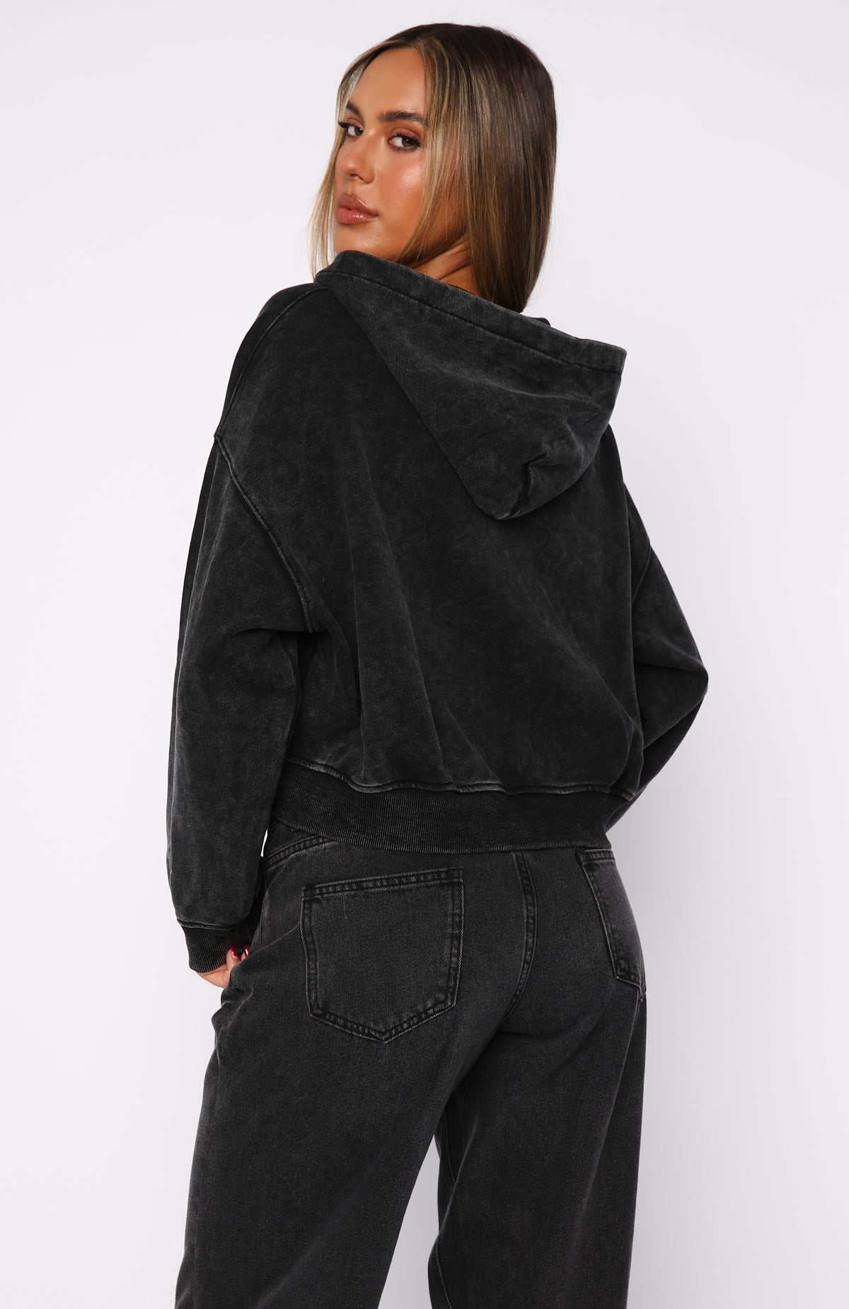 Women's Cropped Zip Hoodie - Oversized Black Cotton Hooded Sweatshirt
