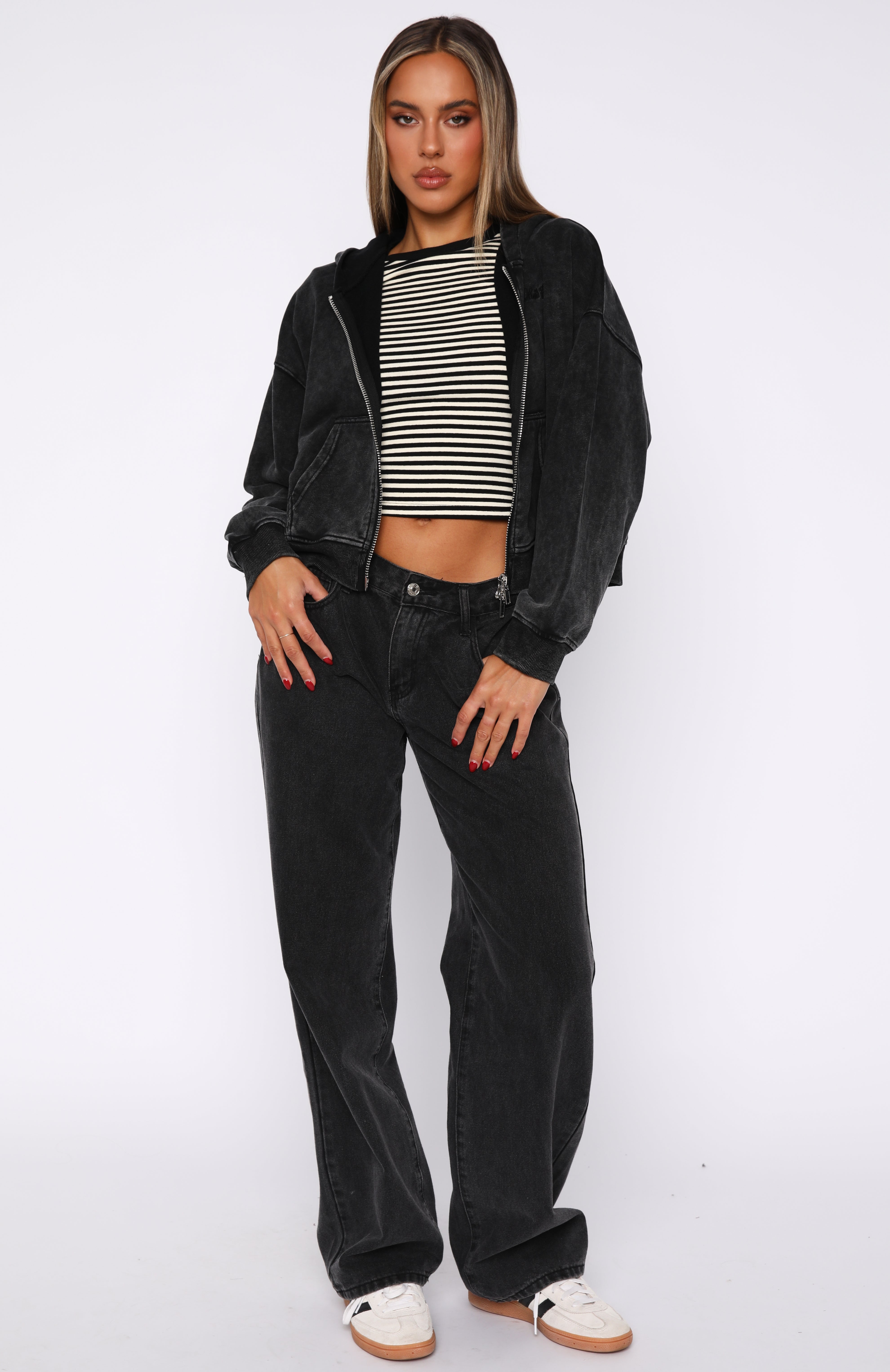 Women's Cropped Zip Hoodie - Oversized Black Cotton Hooded Sweatshirt