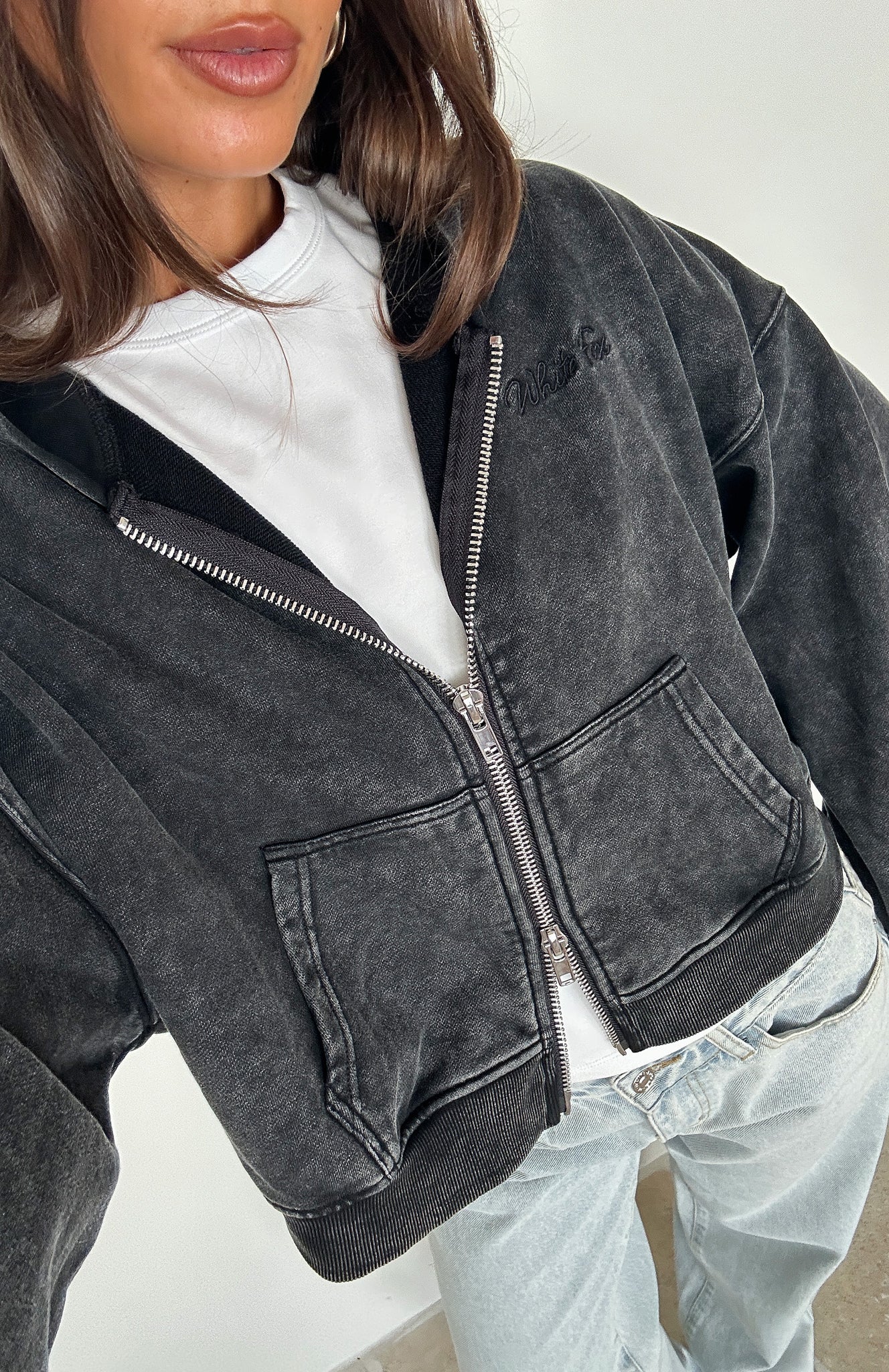 Women's Cropped Zip Hoodie - Oversized Black Cotton Hooded Sweatshirt
