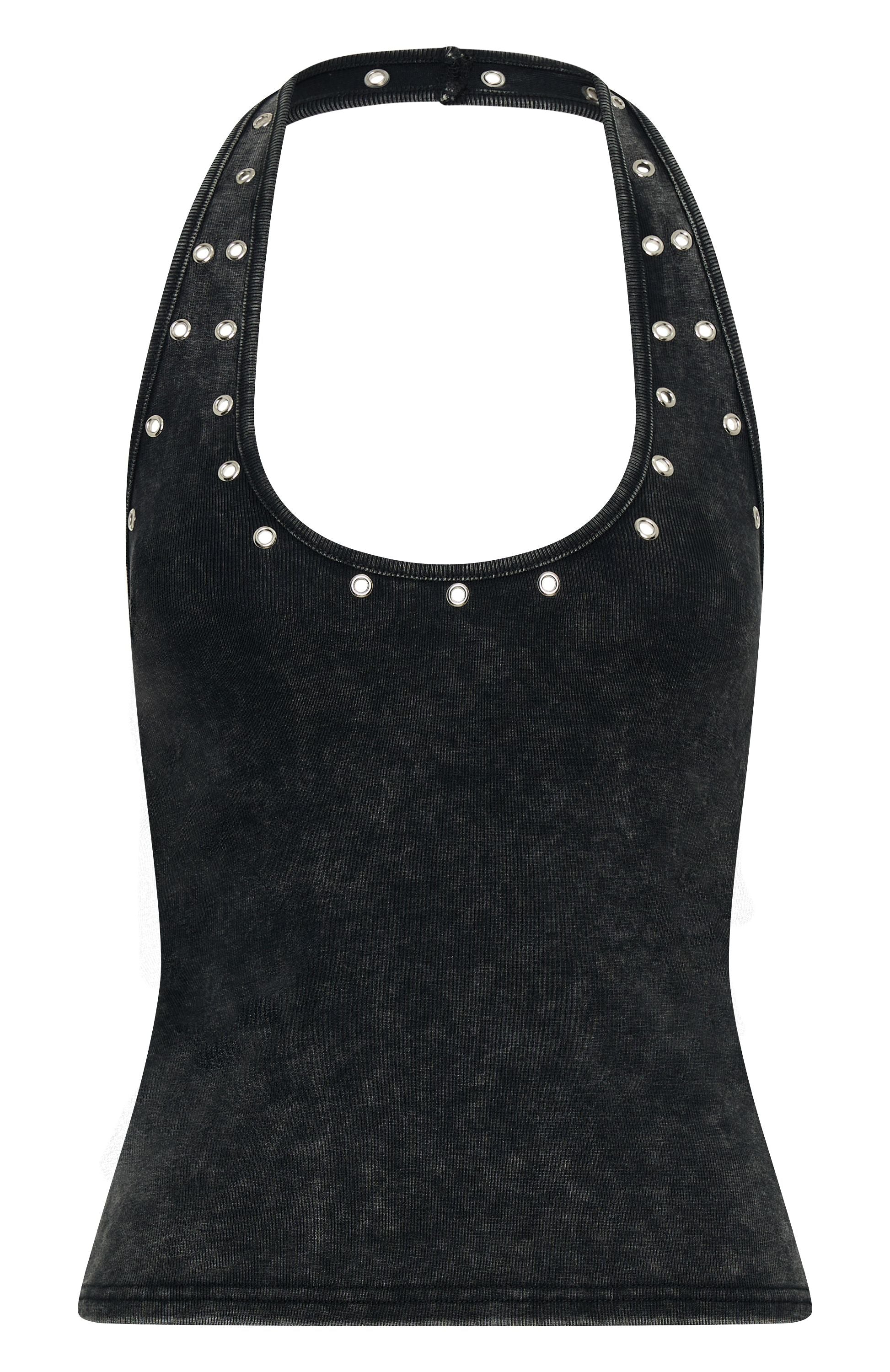 Lost Souls Black Halter Top - Studded Cropped Cotton Top