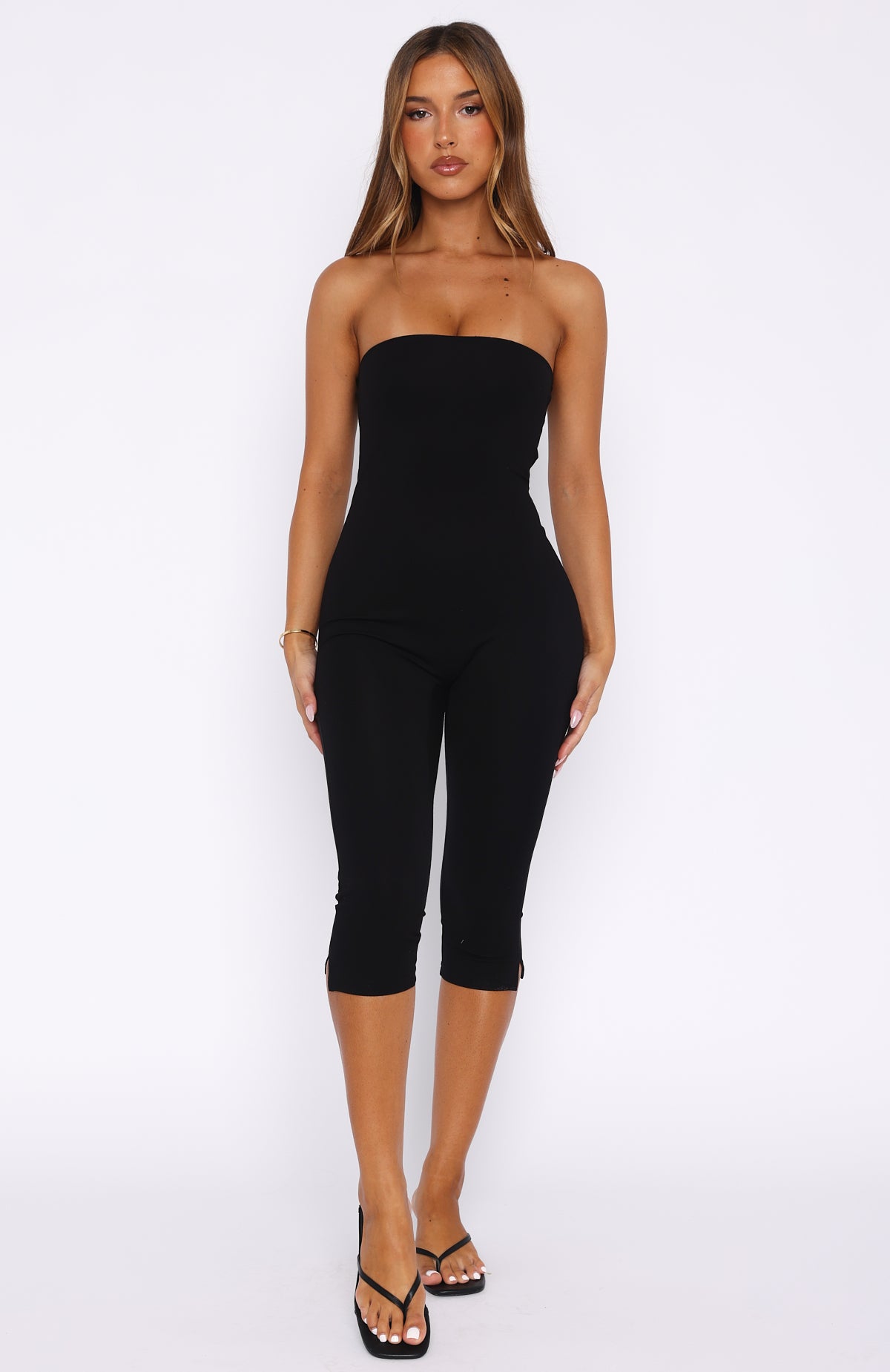 True Desire Black Strapless Jumpsuit with Split Detail