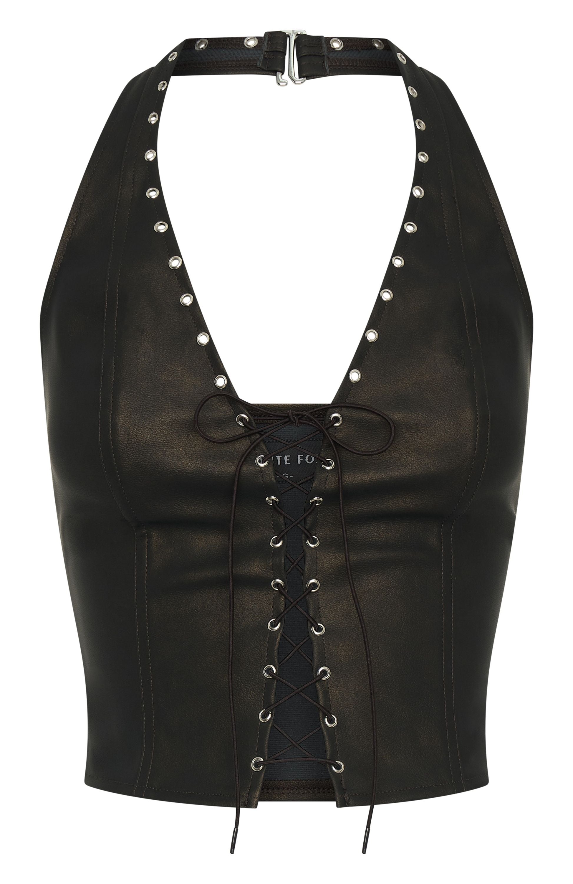 Chocolate PU Bustier Top with Lace-Up Detail & Halter Neck