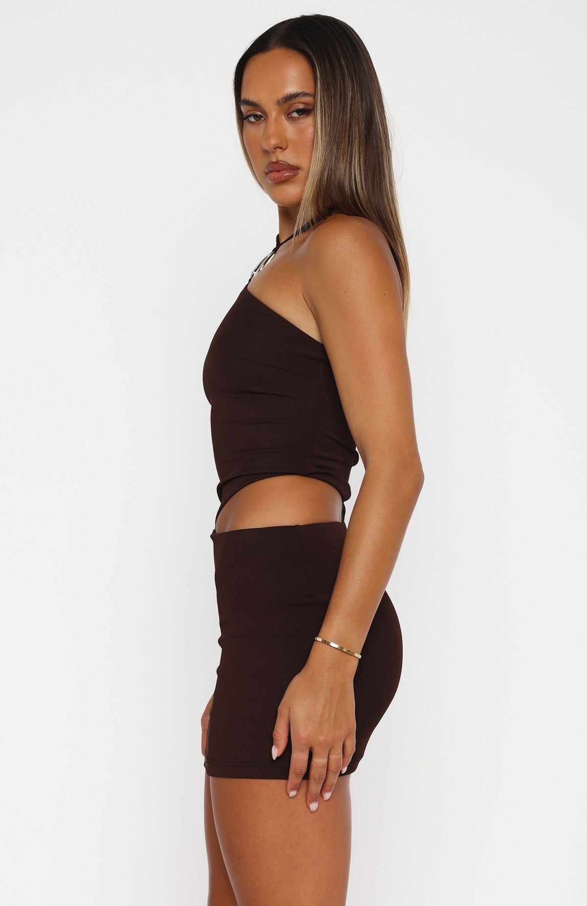 Chocolate Halter Neck Mini Dress with Cut Out Detail