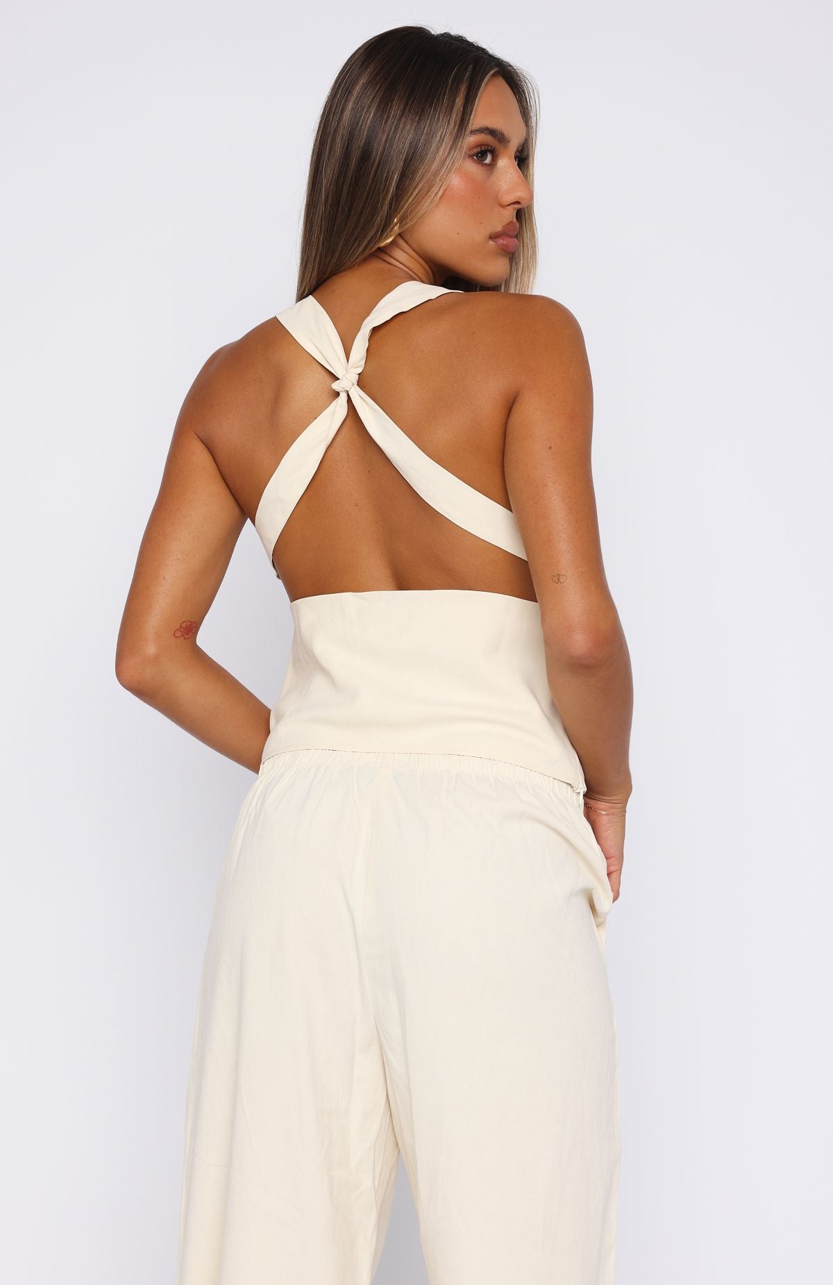 Off White Cowl Neck Cross Back Strap Top with Side Zipper