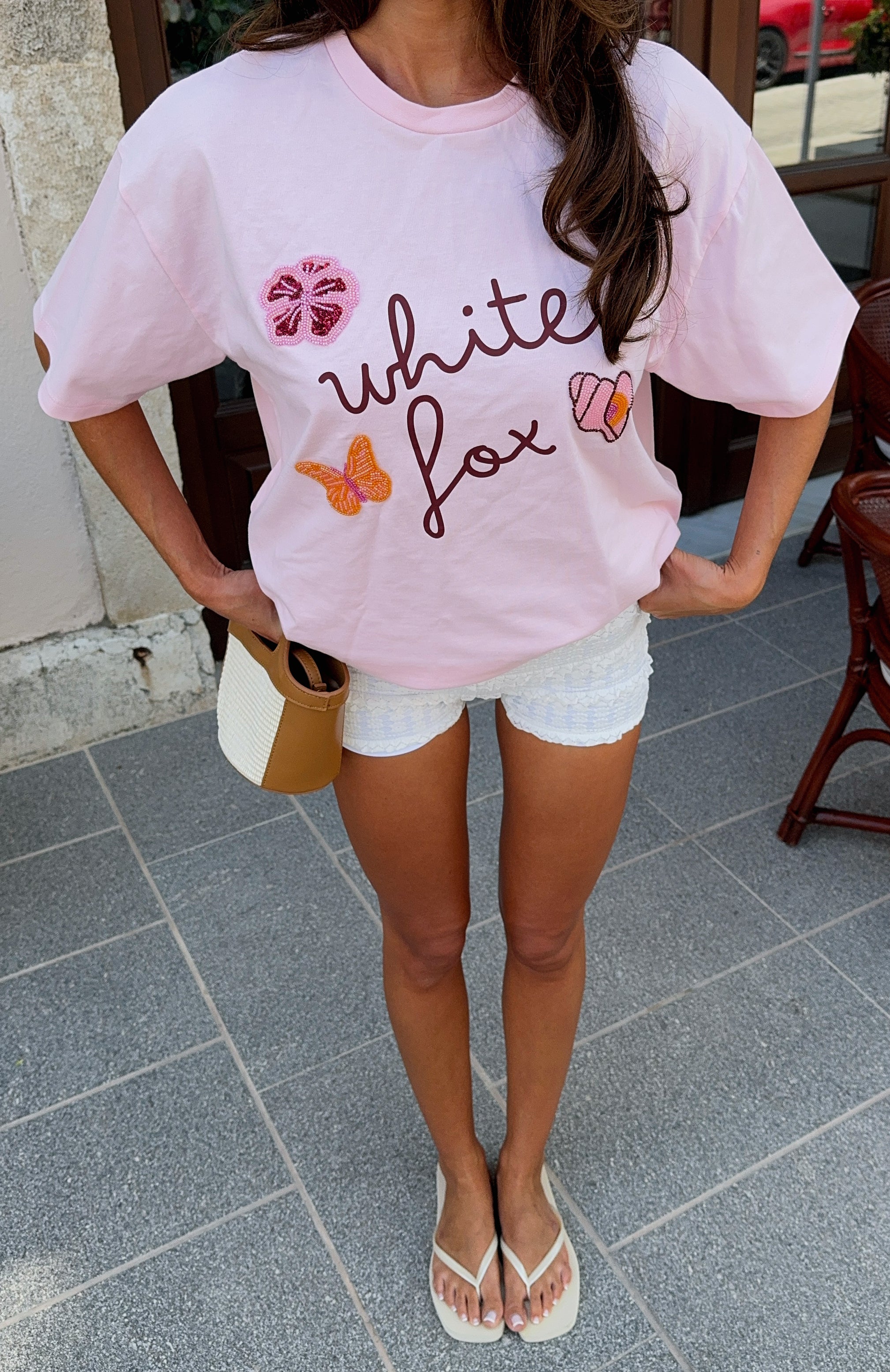 Pink Sweet Bloom Oversized Cotton T-Shirt with Beaded Design