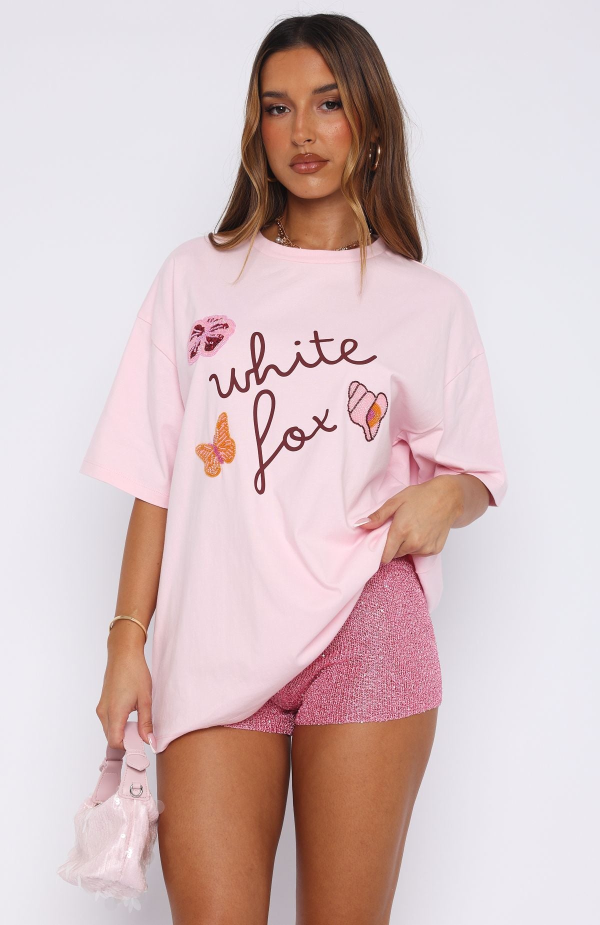 Pink Sweet Bloom Oversized Cotton T-Shirt with Beaded Design