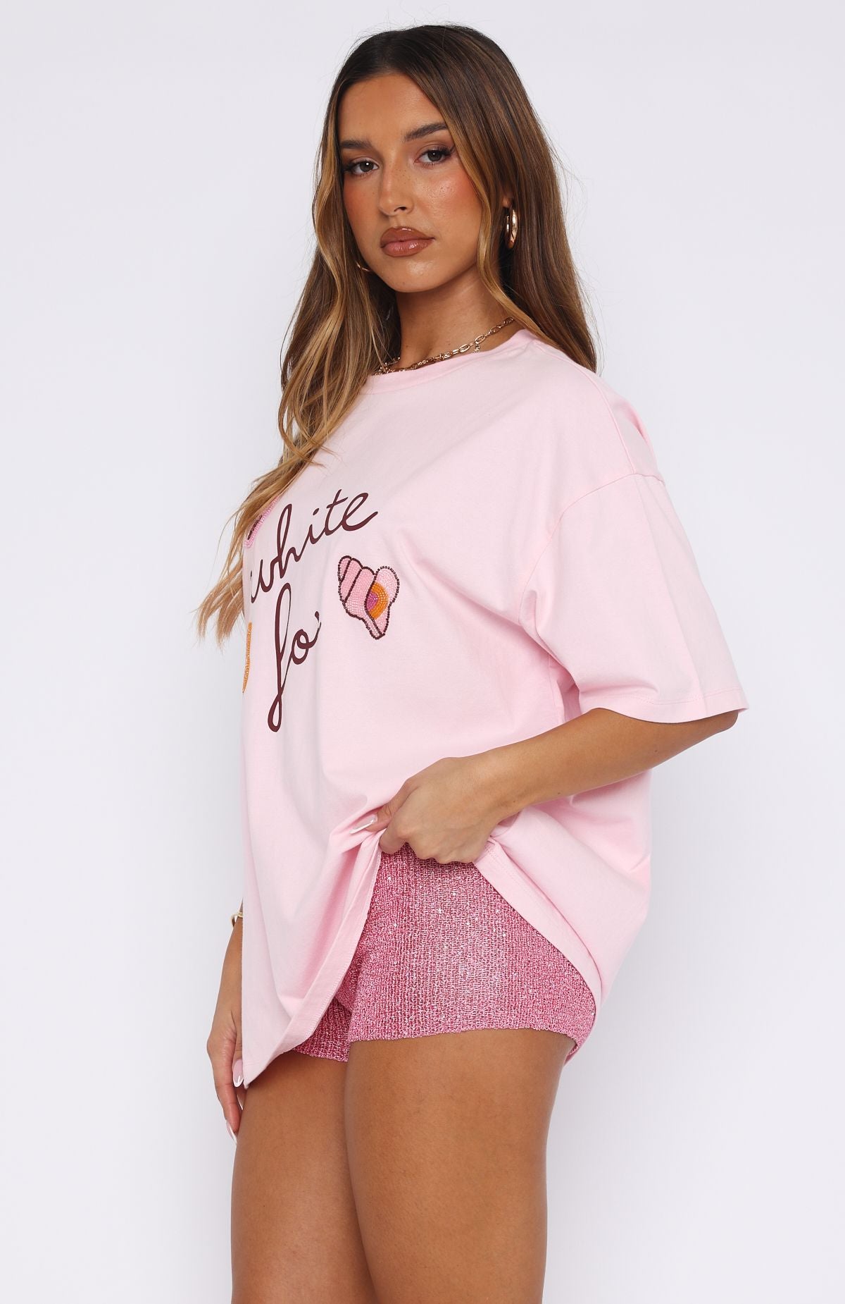 Pink Sweet Bloom Oversized Cotton T-Shirt with Beaded Design