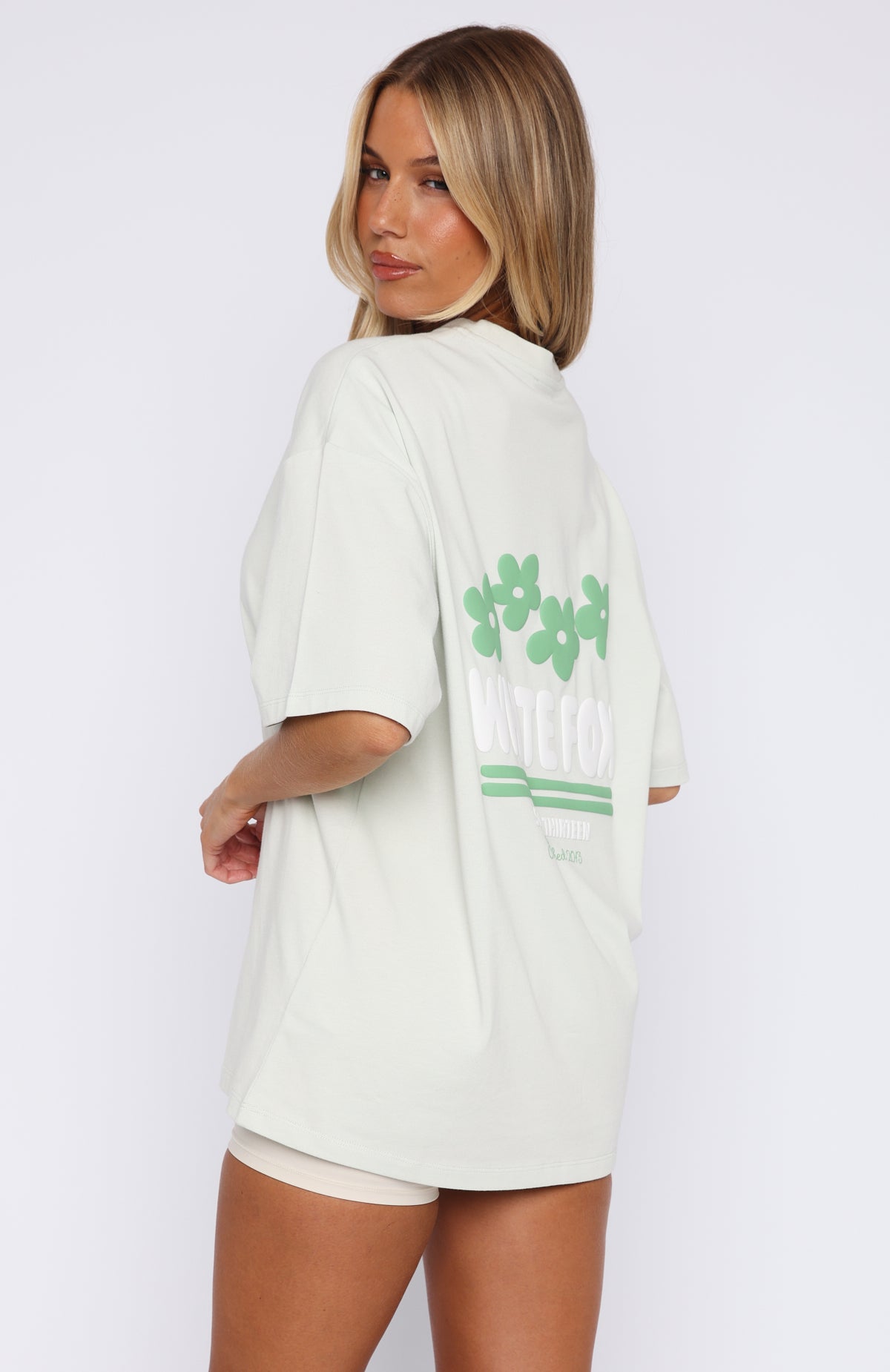 White Fox Tropic Time Oversized Cotton Tee - Sage Green