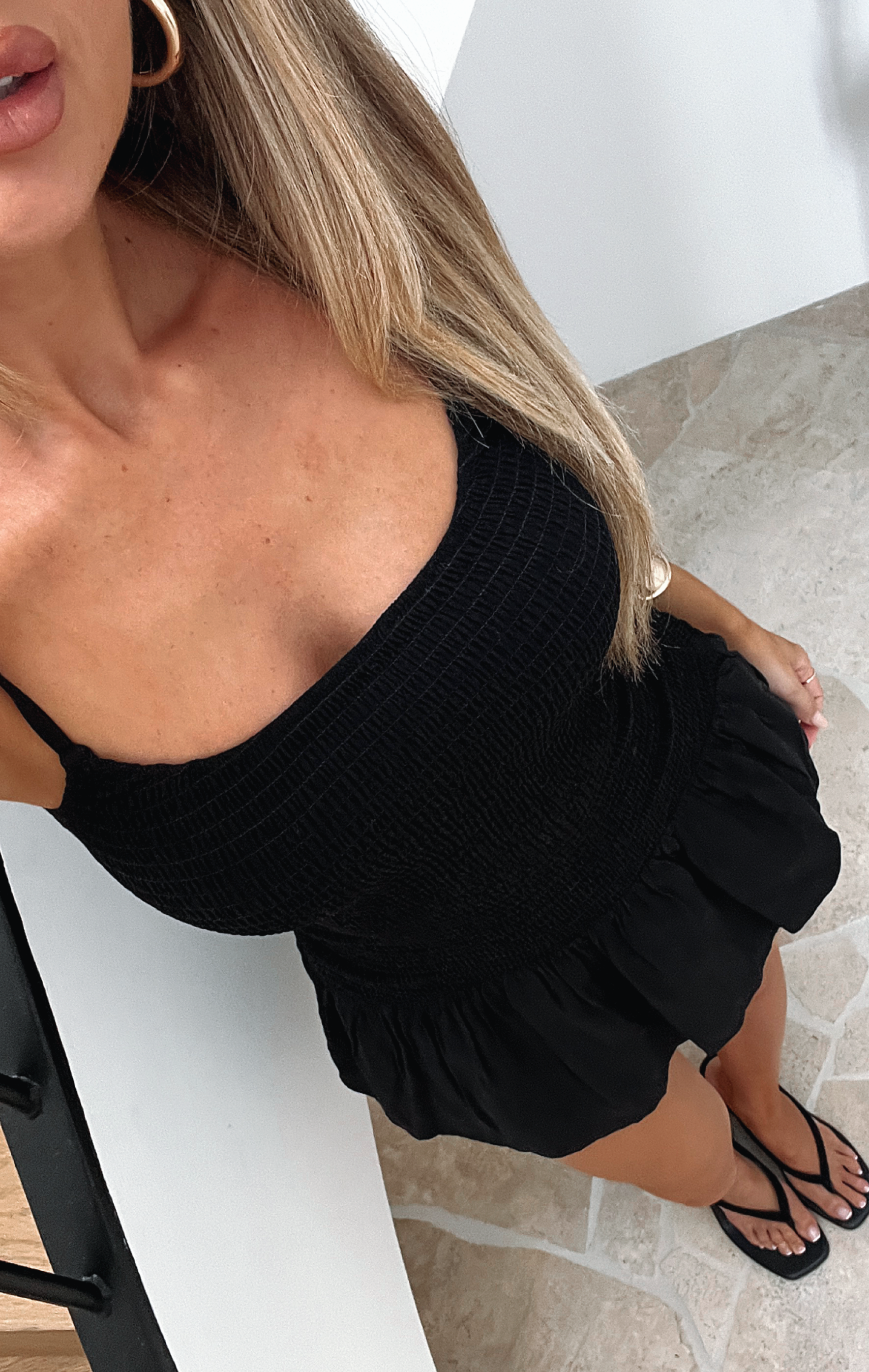 Black Ruched Mini Dress with Adjustable Straps & Square Neckline