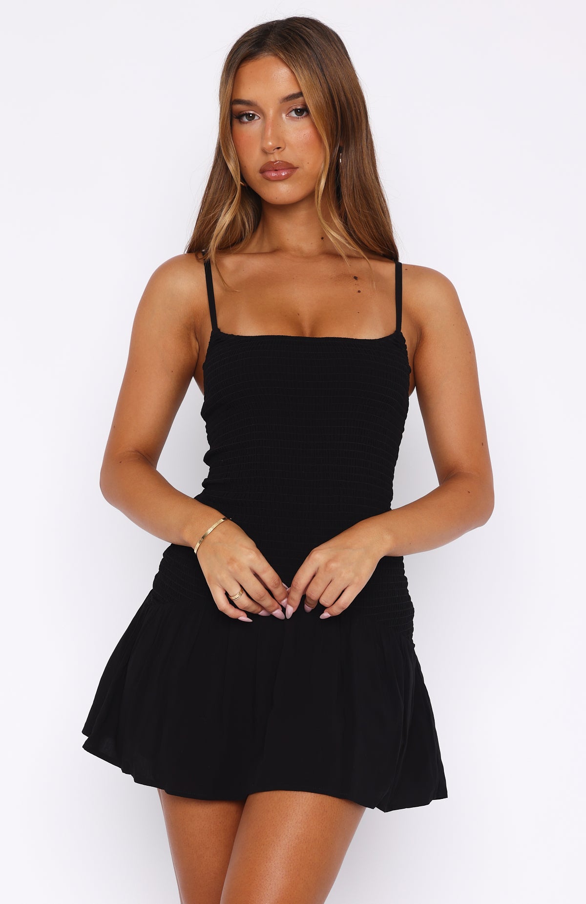 Black Ruched Mini Dress with Adjustable Straps & Square Neckline