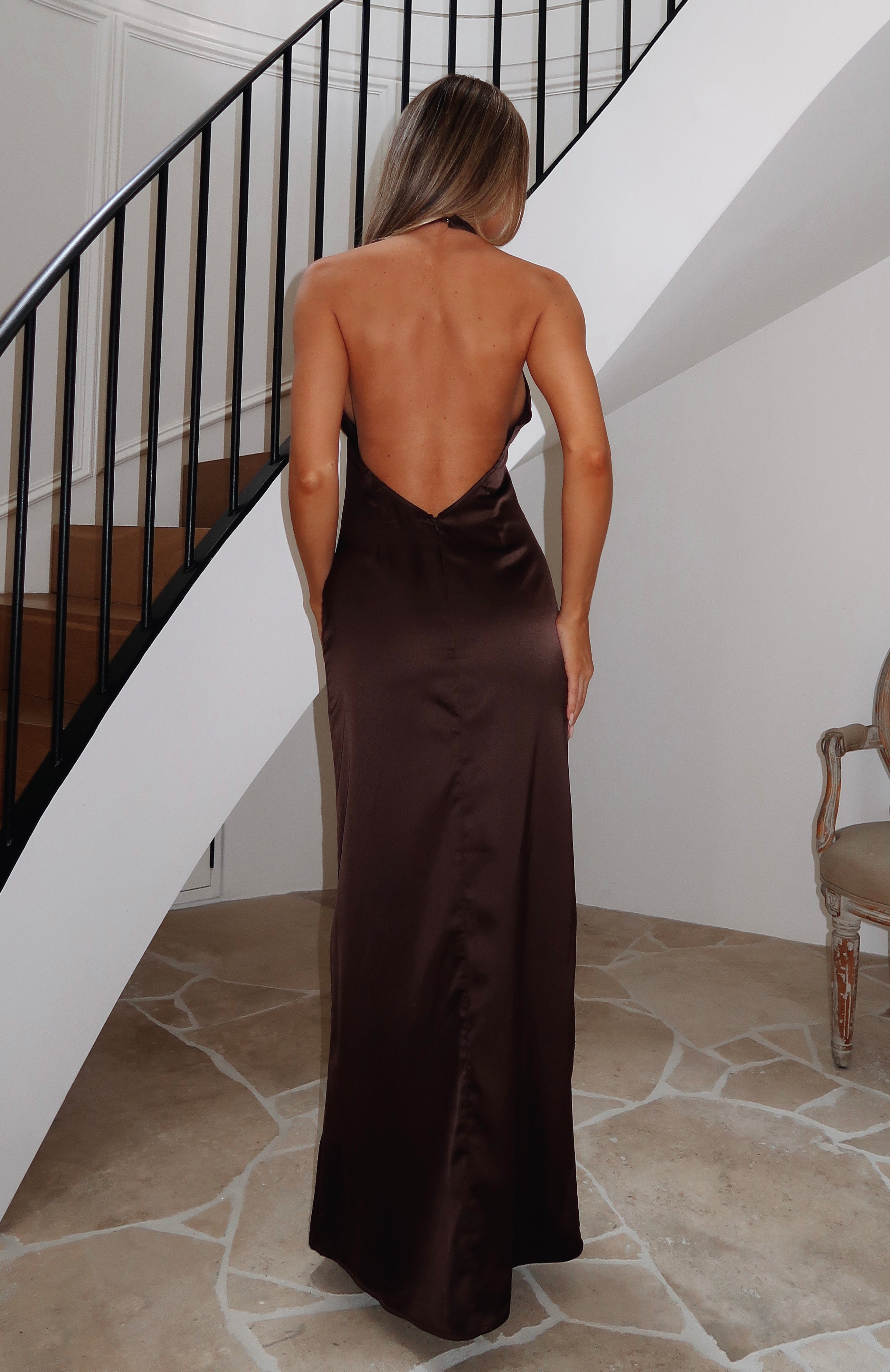 Chocolate Halter Maxi Dress with Backless Design