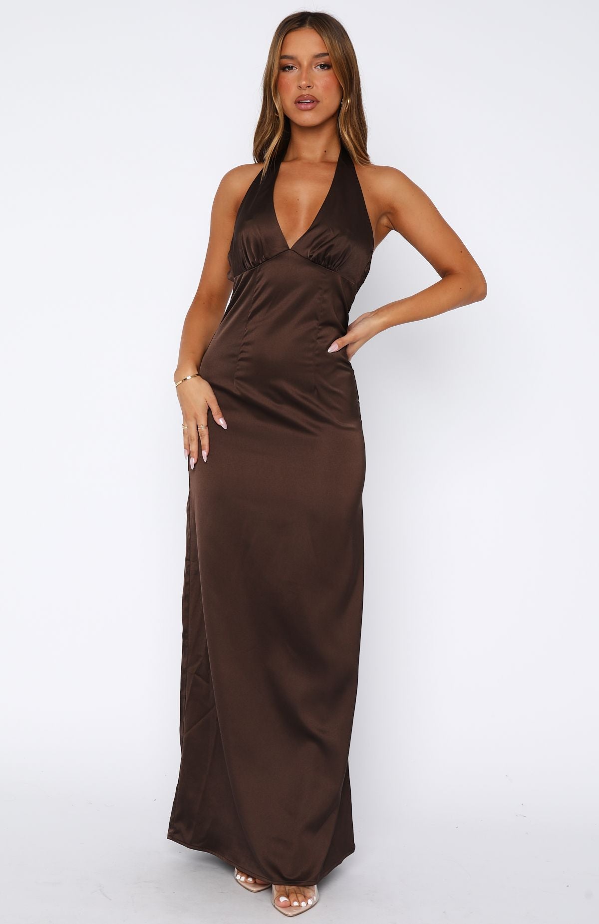 Chocolate Halter Maxi Dress with Backless Design