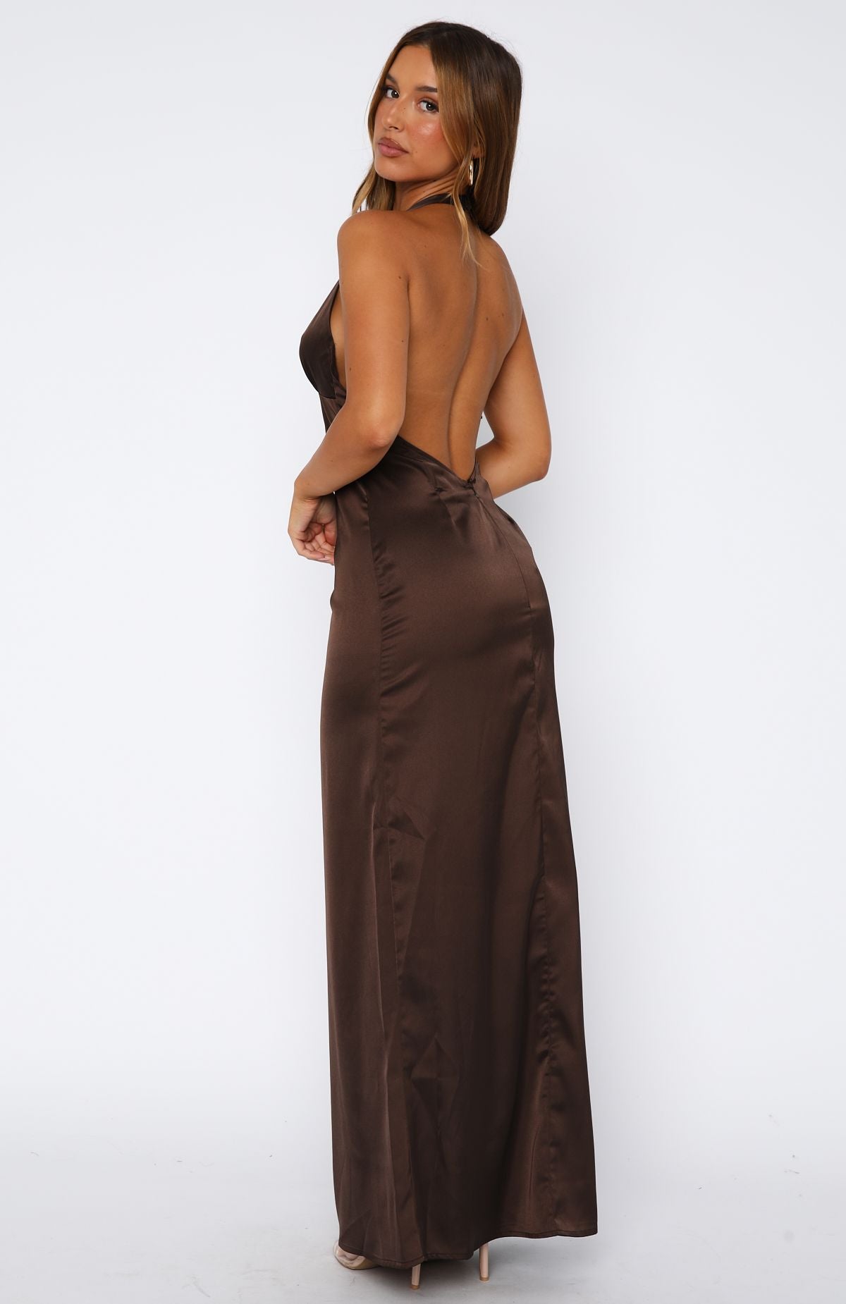Chocolate Halter Maxi Dress with Backless Design