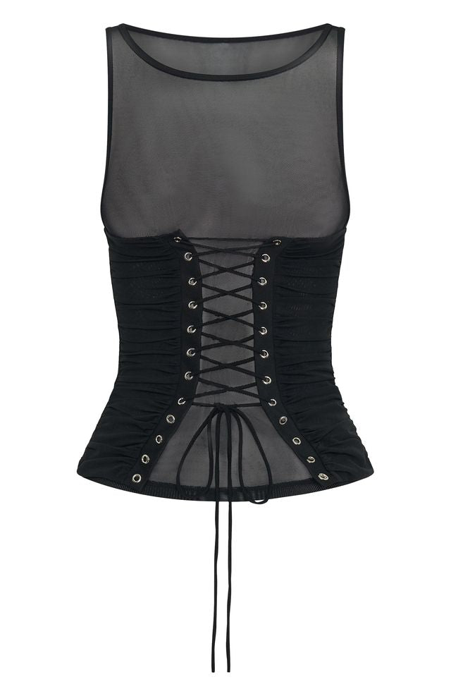 Midnight Drive Black Mesh Cropped Top with Lace-Up Design