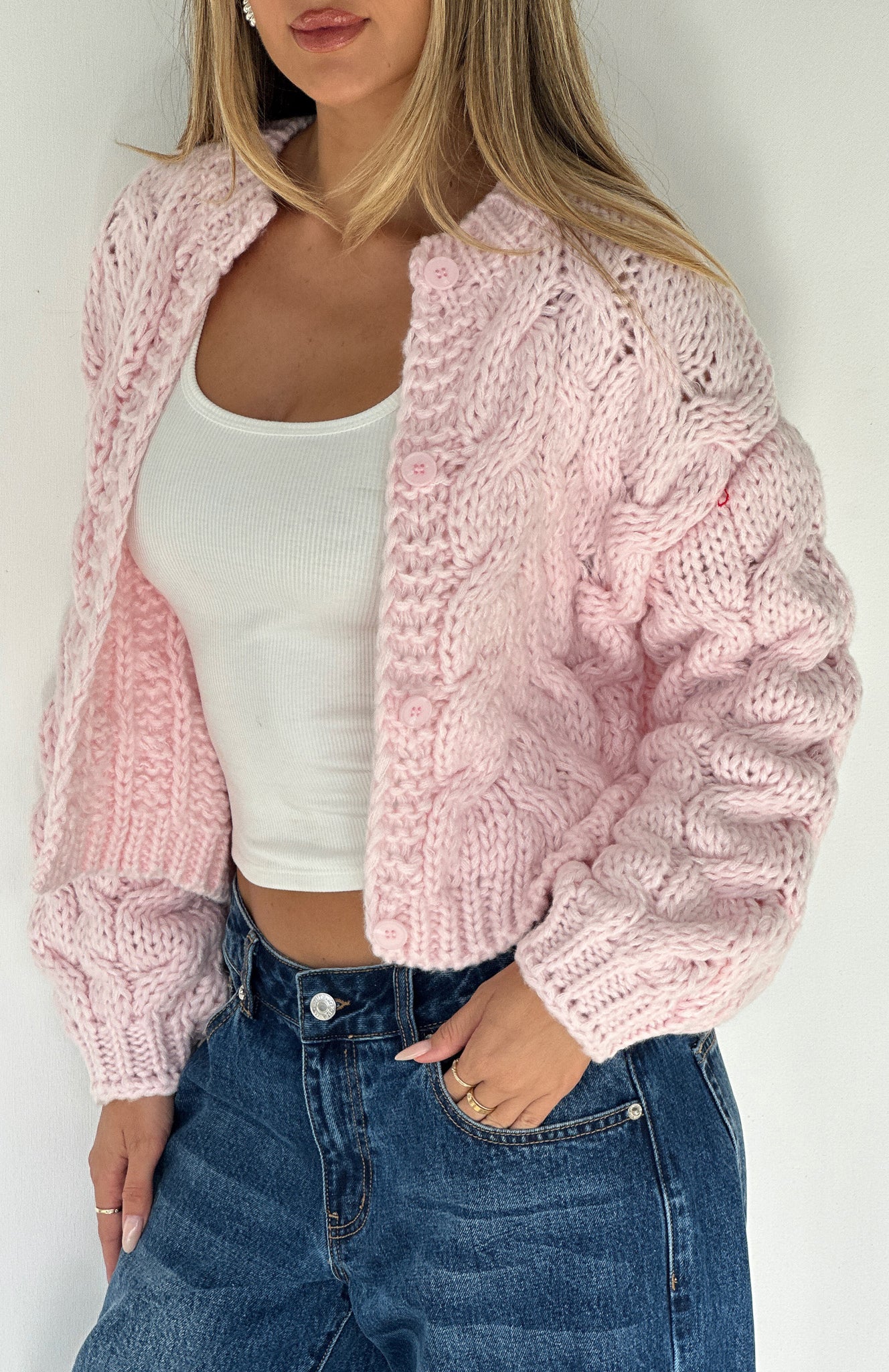 Baby Pink Knit Cardigan for Women - Cutie Pie Button-Up Winter Sweater