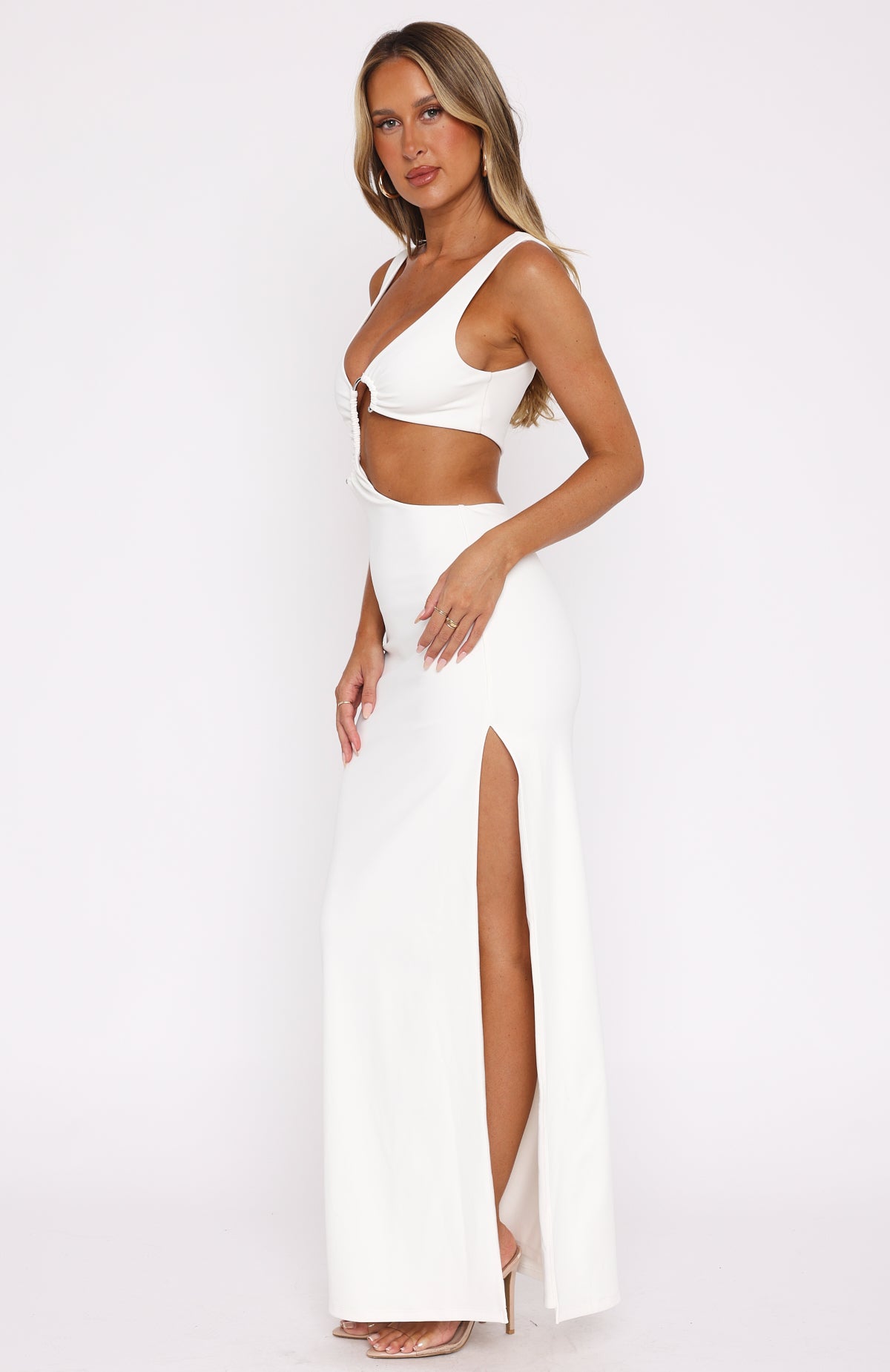 Off White Plunge Neck Maxi Dress with Cut Out Detail