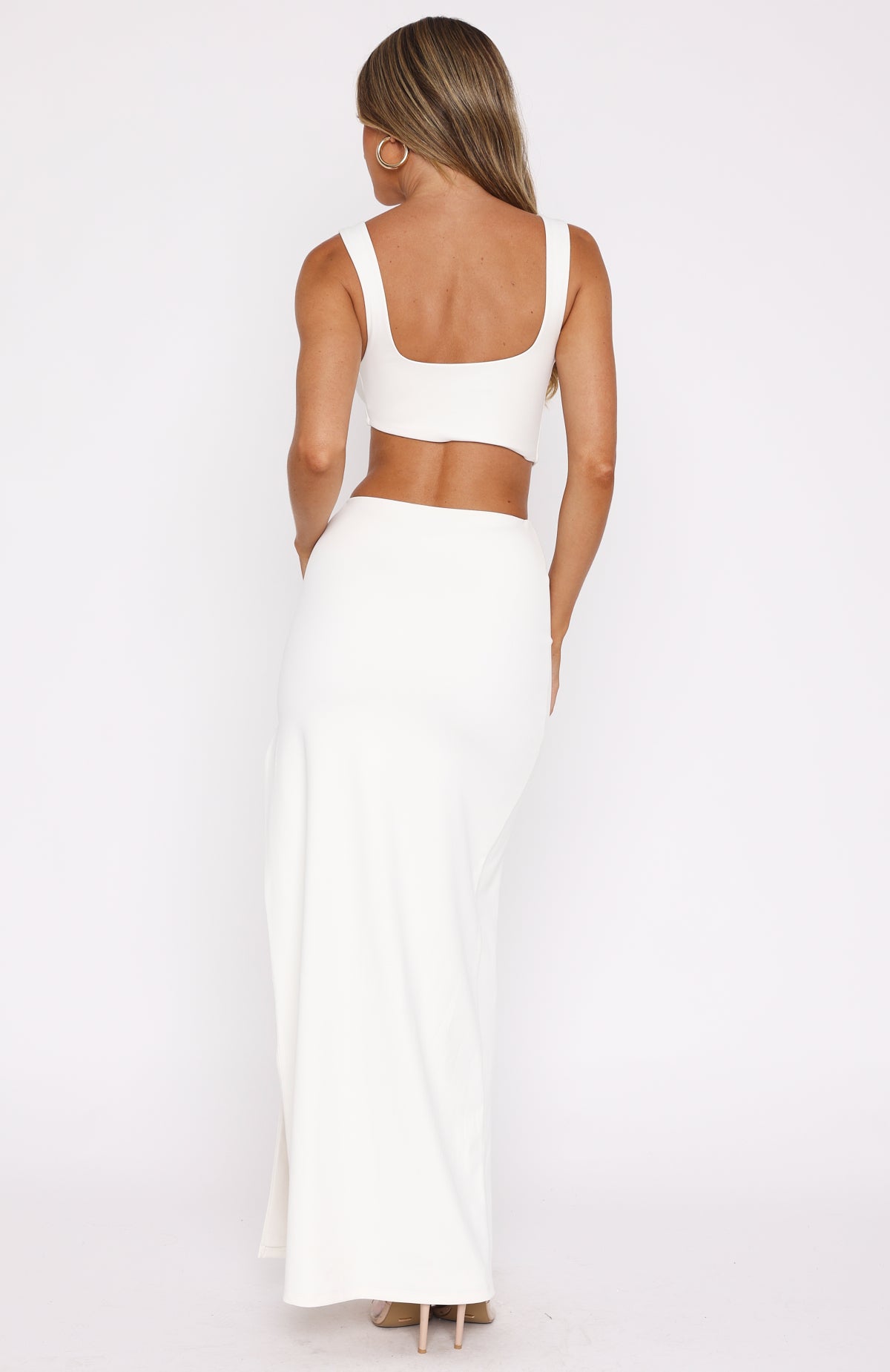 Off White Plunge Neck Maxi Dress with Cut Out Detail