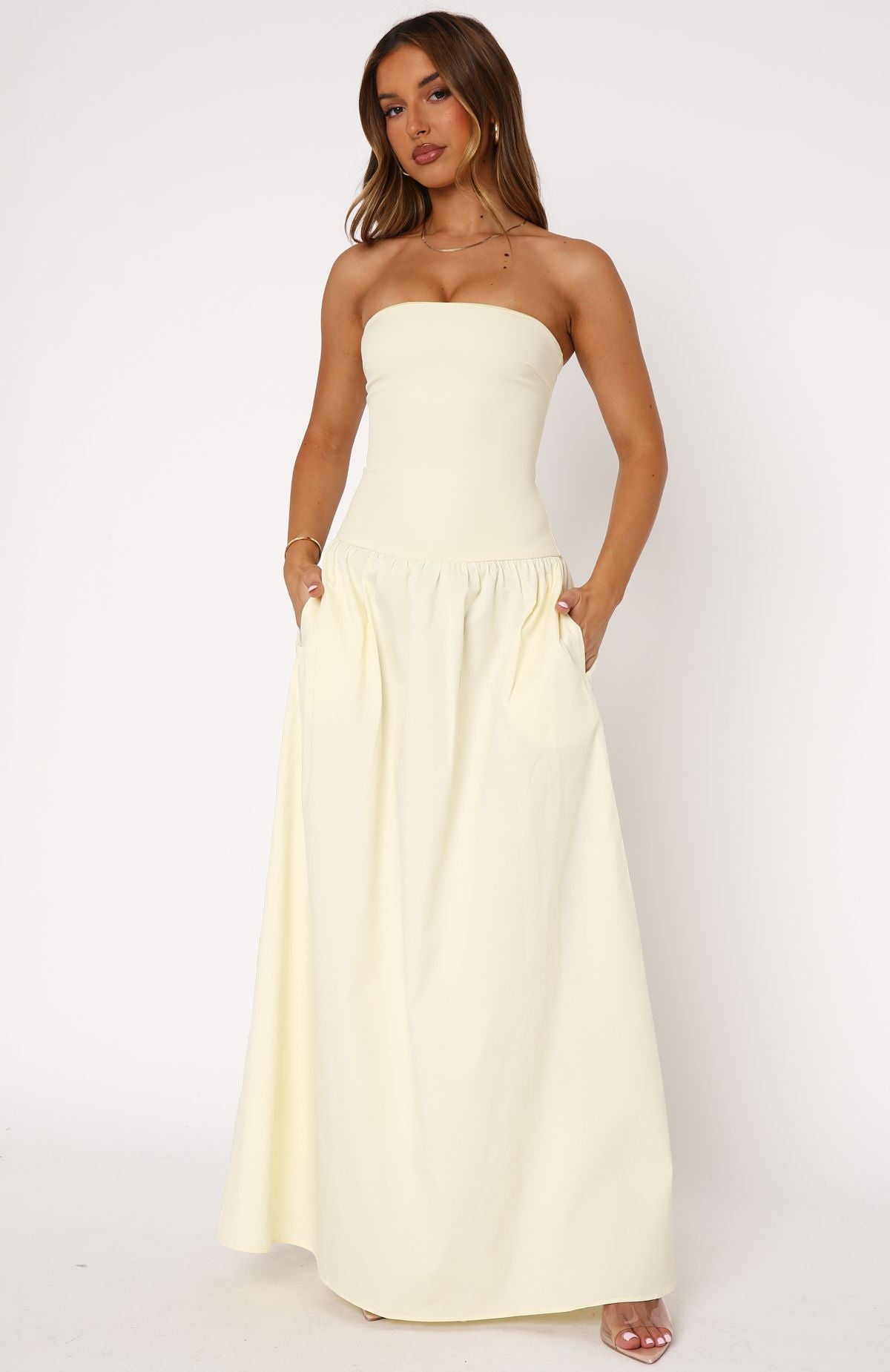 Lemon Strapless Maxi Dress with Gel Grip & Fitted Bodice