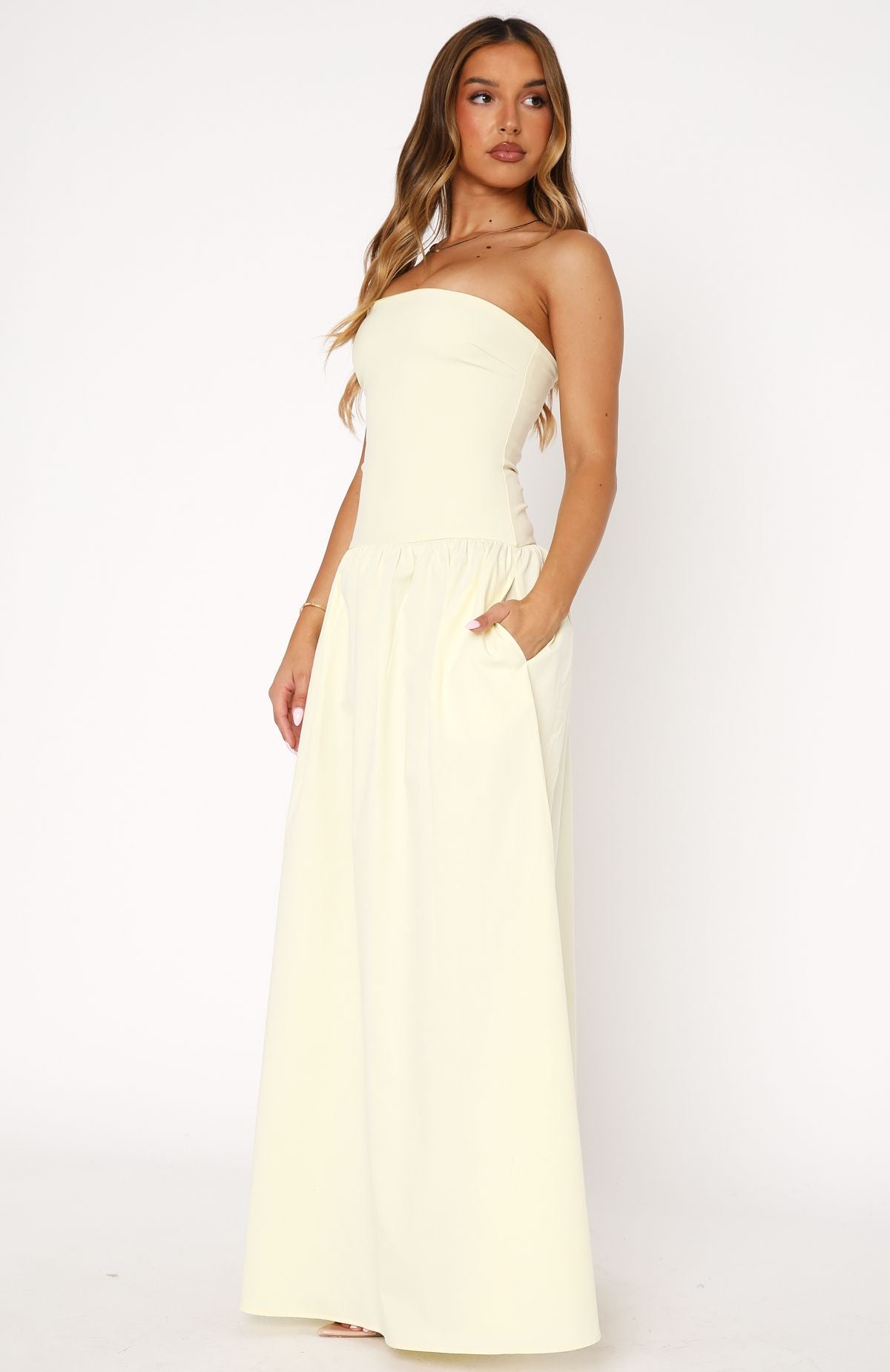 Lemon Strapless Maxi Dress with Gel Grip & Fitted Bodice