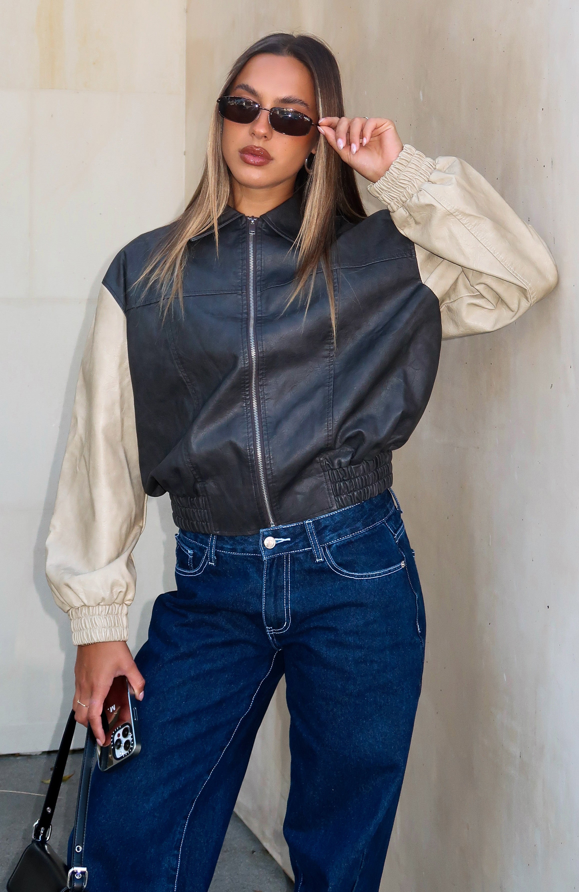 Like A Pro Black/Beige PU Bomber Jacket - Oversized Style