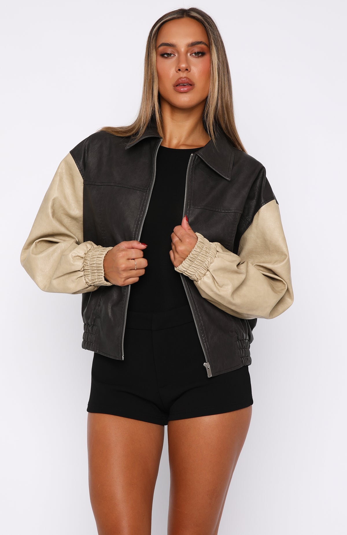 Like A Pro Black/Beige PU Bomber Jacket - Oversized Style