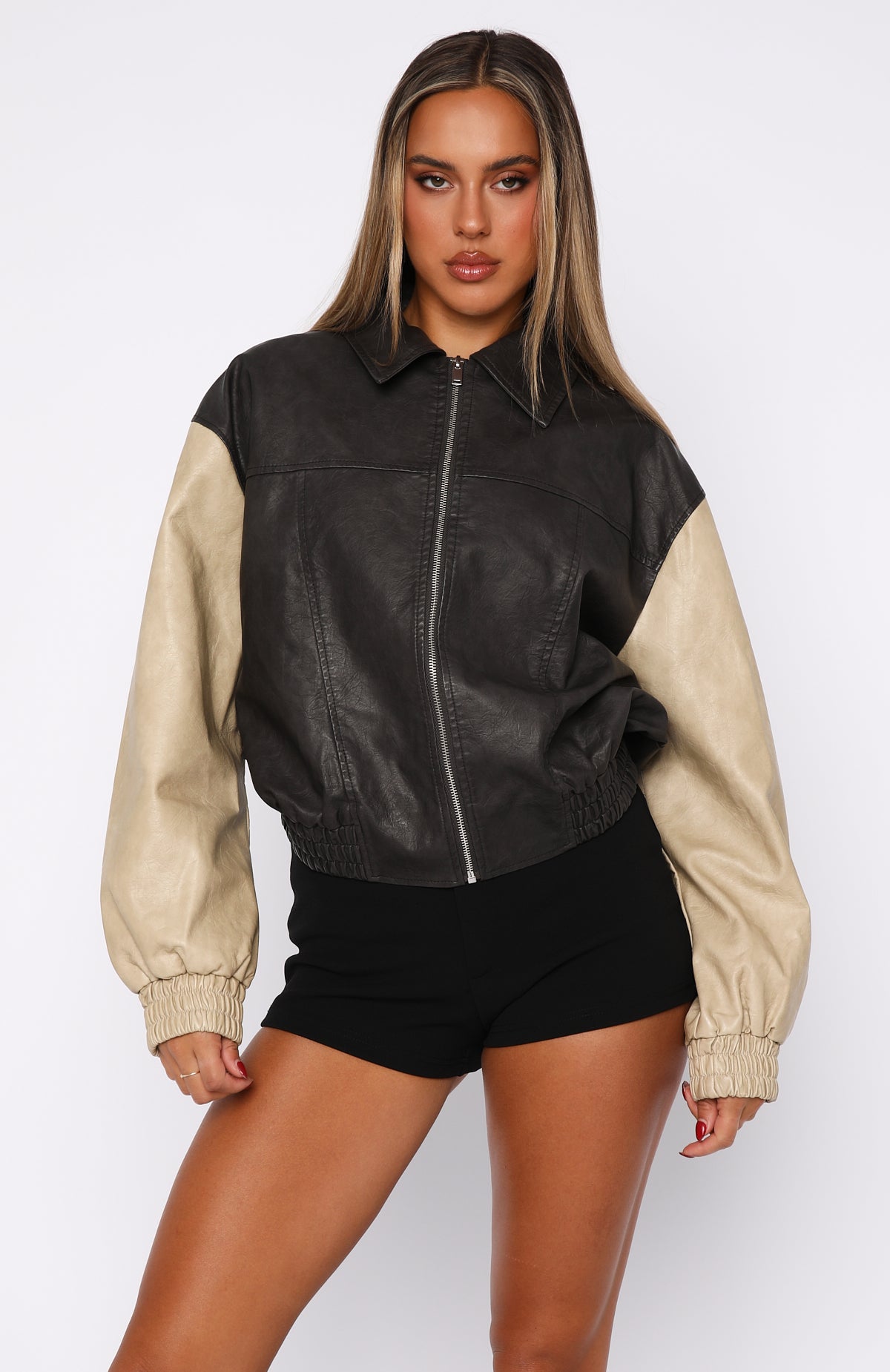 Like A Pro Black/Beige PU Bomber Jacket - Oversized Style