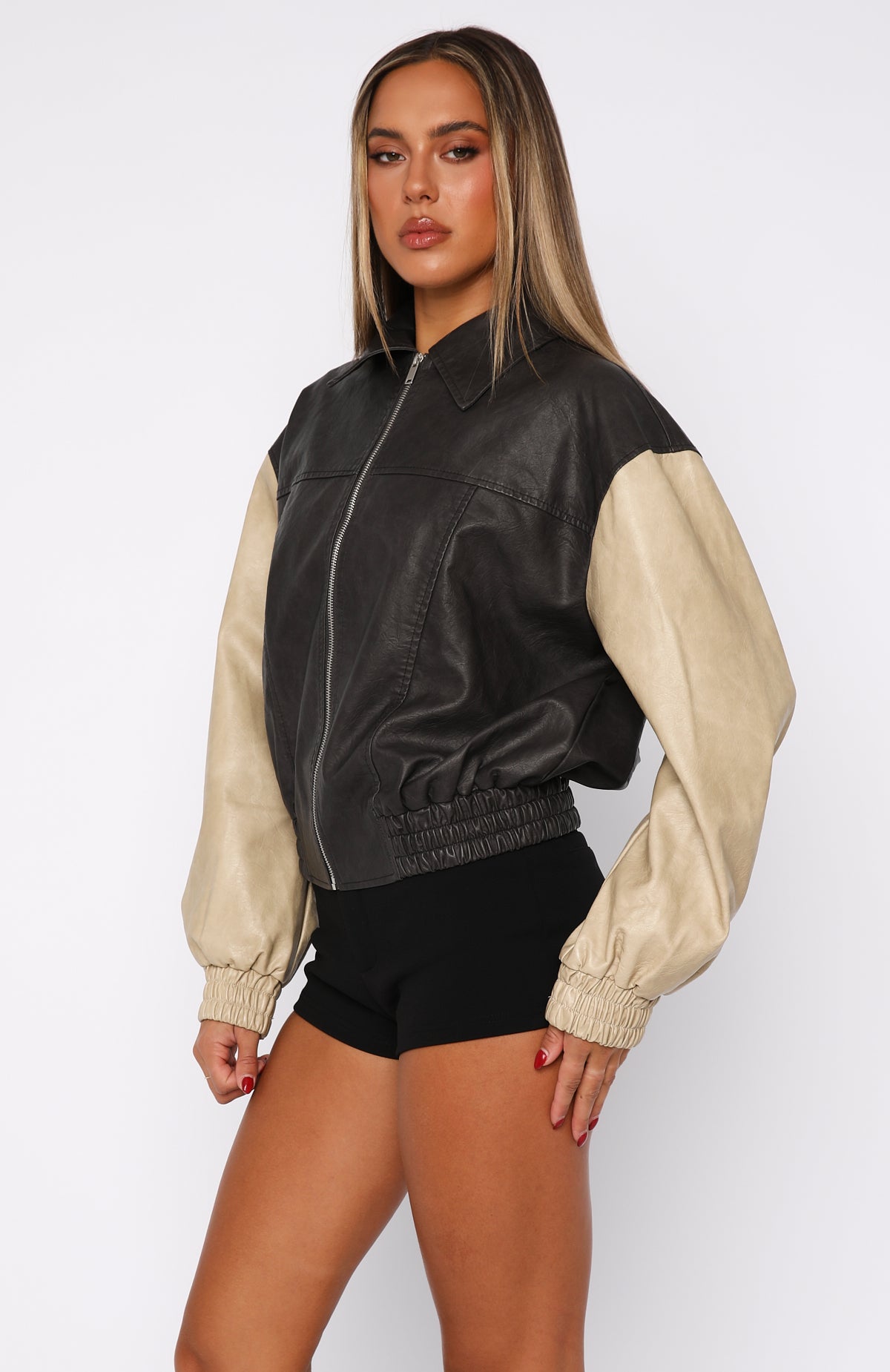 Like A Pro Black/Beige PU Bomber Jacket - Oversized Style