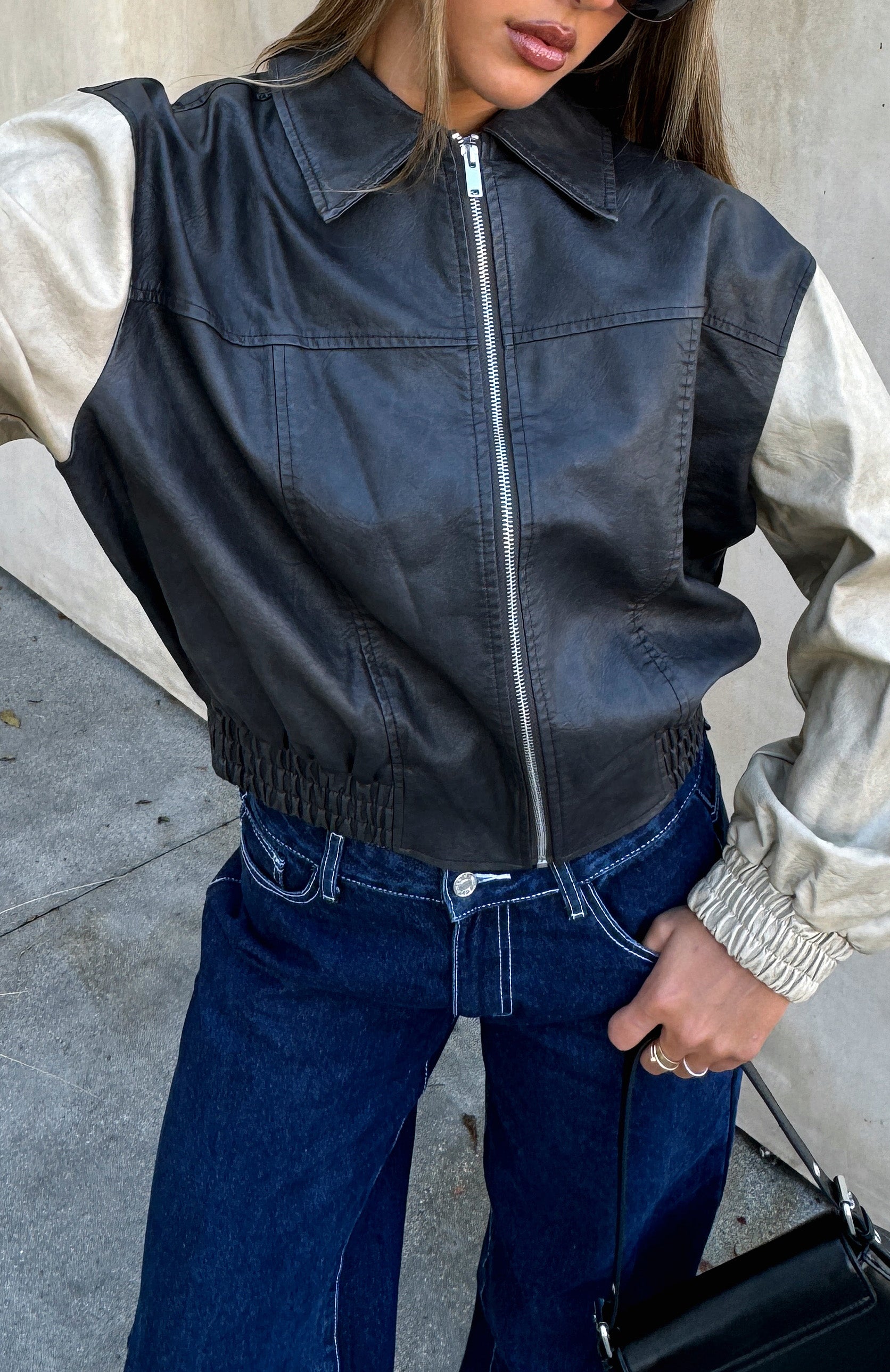 Like A Pro Black/Beige PU Bomber Jacket - Oversized Style