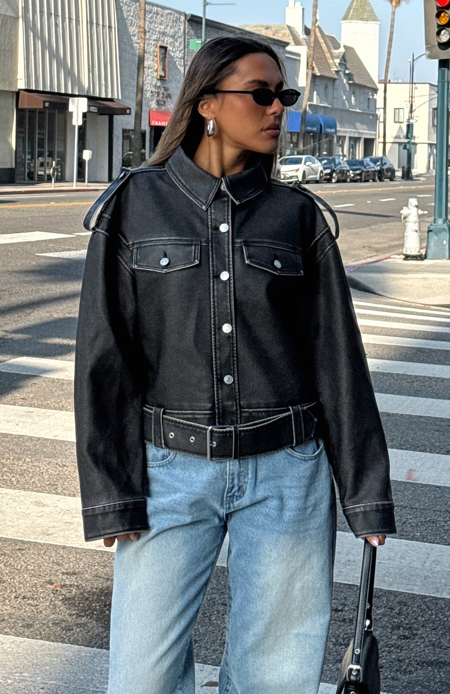 Men's PU Biker Jacket Charcoal Wash - Oversized Fit & Belt Design