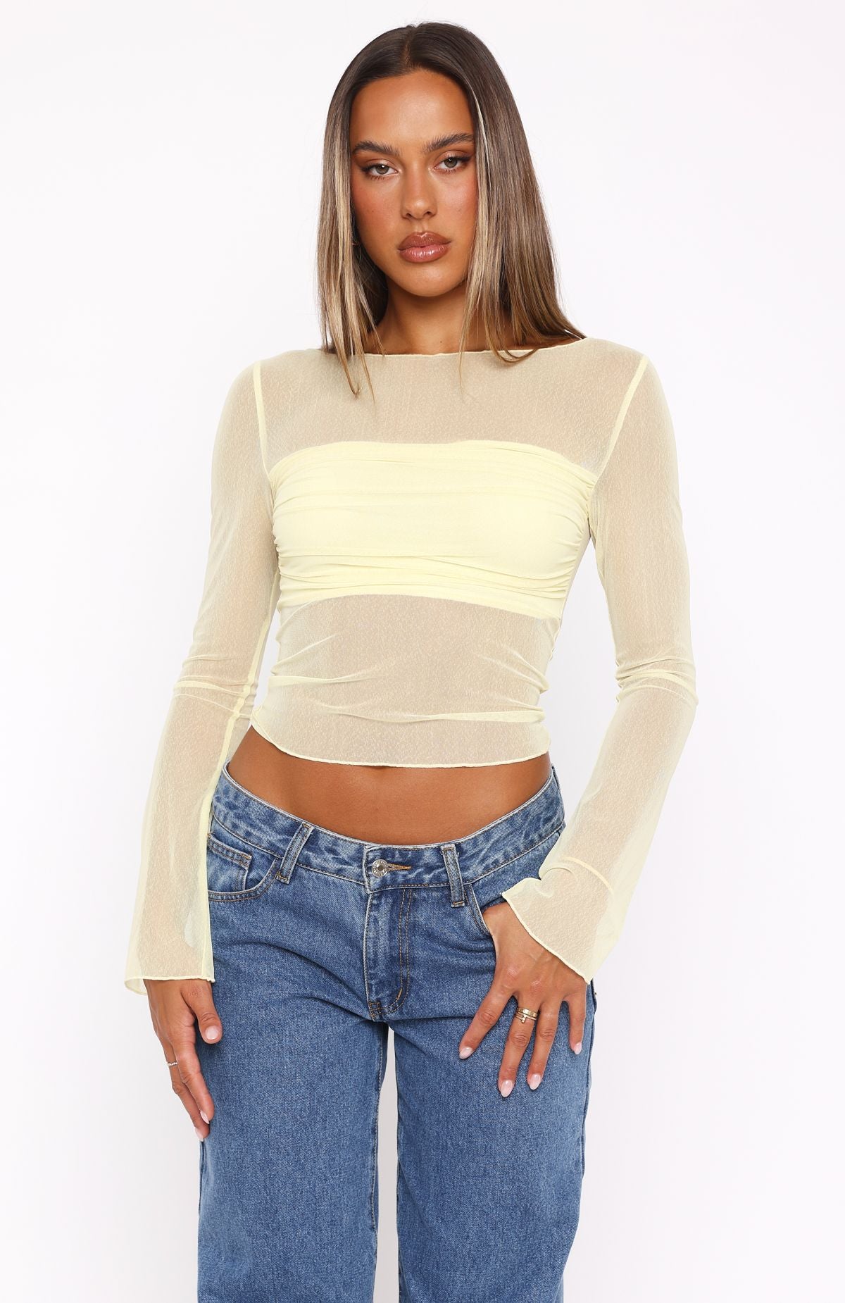 Lemon Sheer Flare Sleeve Cropped Top – True To Form