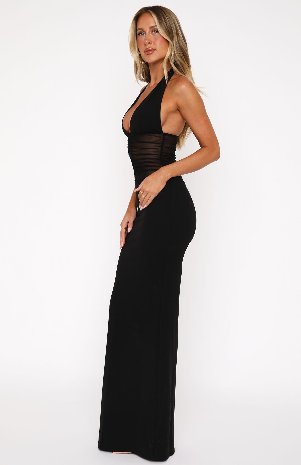 Black Halter Neck Maxi Dress with Sheer Bodice & Backless Design