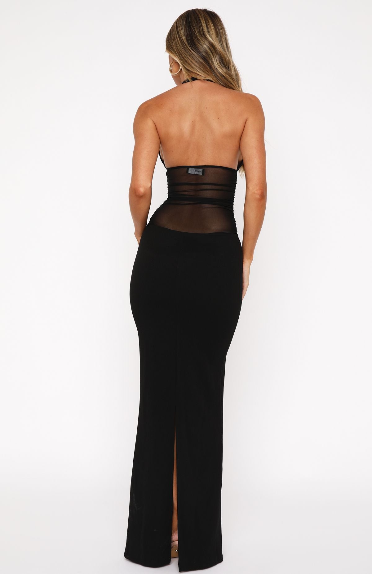 Black Halter Neck Maxi Dress with Sheer Bodice & Backless Design