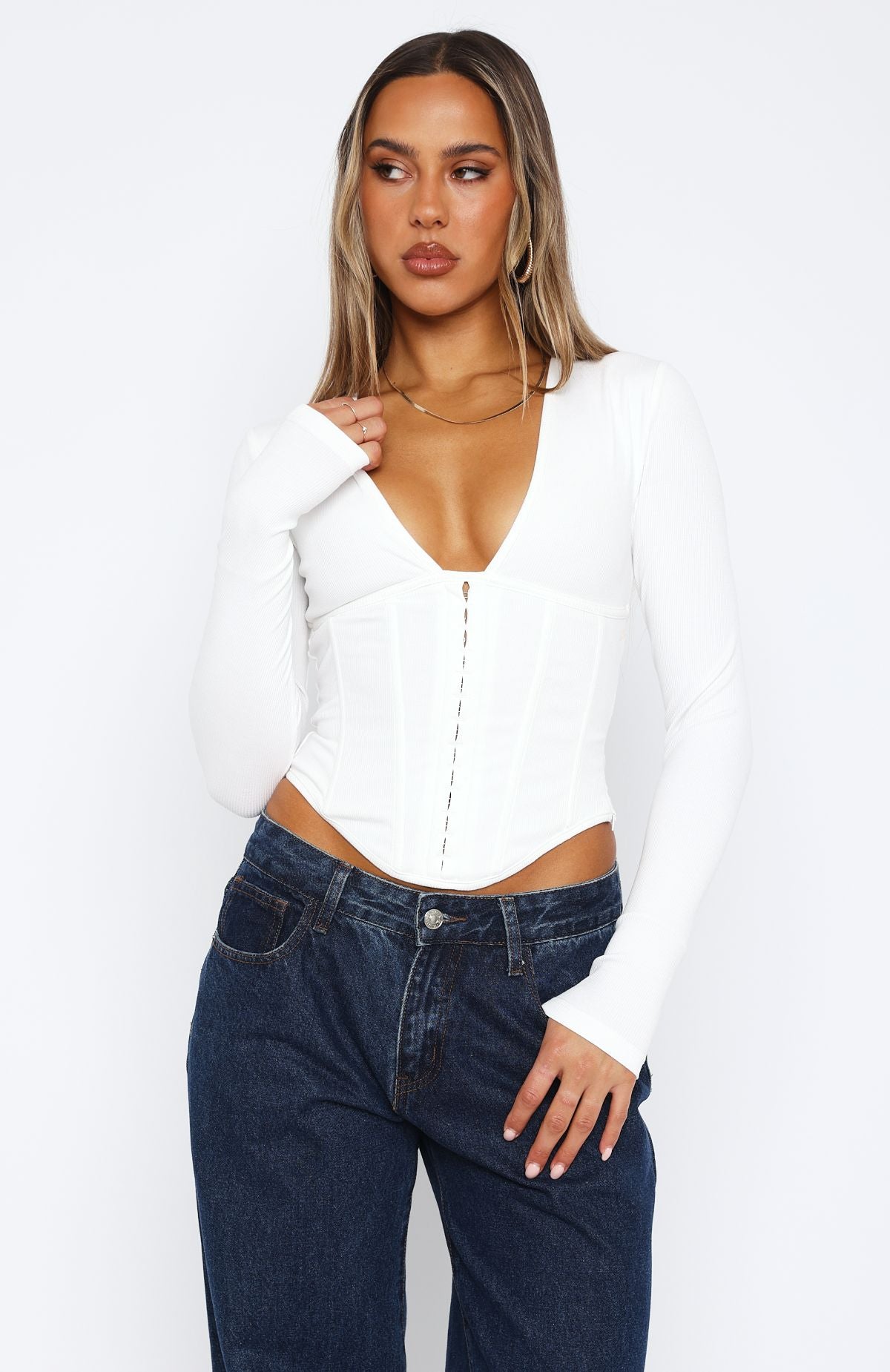 White Long Sleeve Corset Top with Hook & Eye Closure