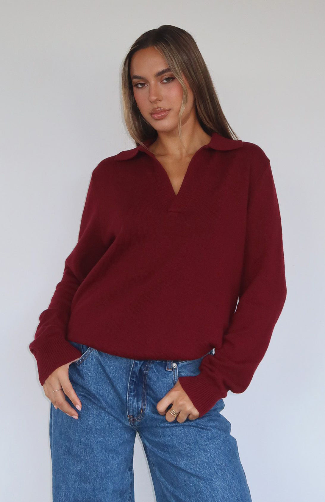 Burgundy Knitted Polo Sweater - Must Be You Cotton V-Neck
