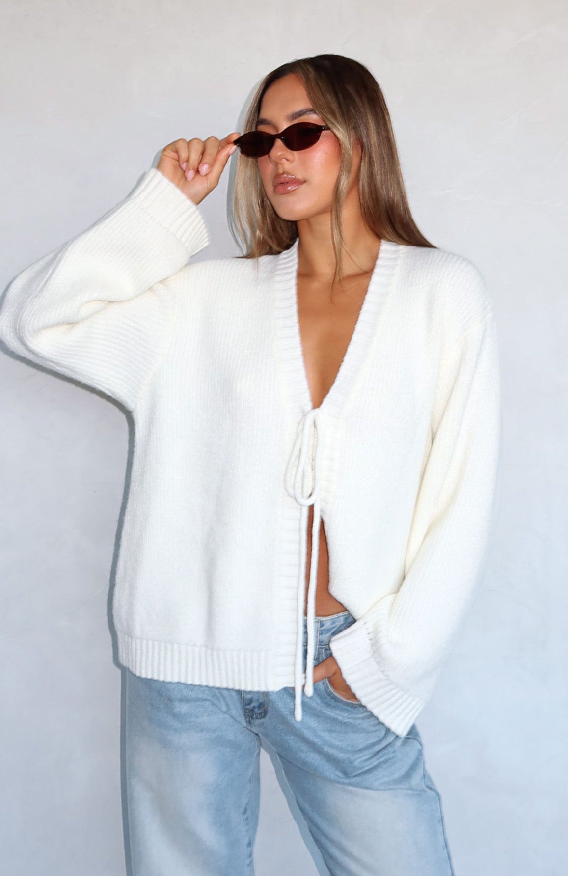 Off White Oversized Knit Cardigan with V Neck & Tie Front