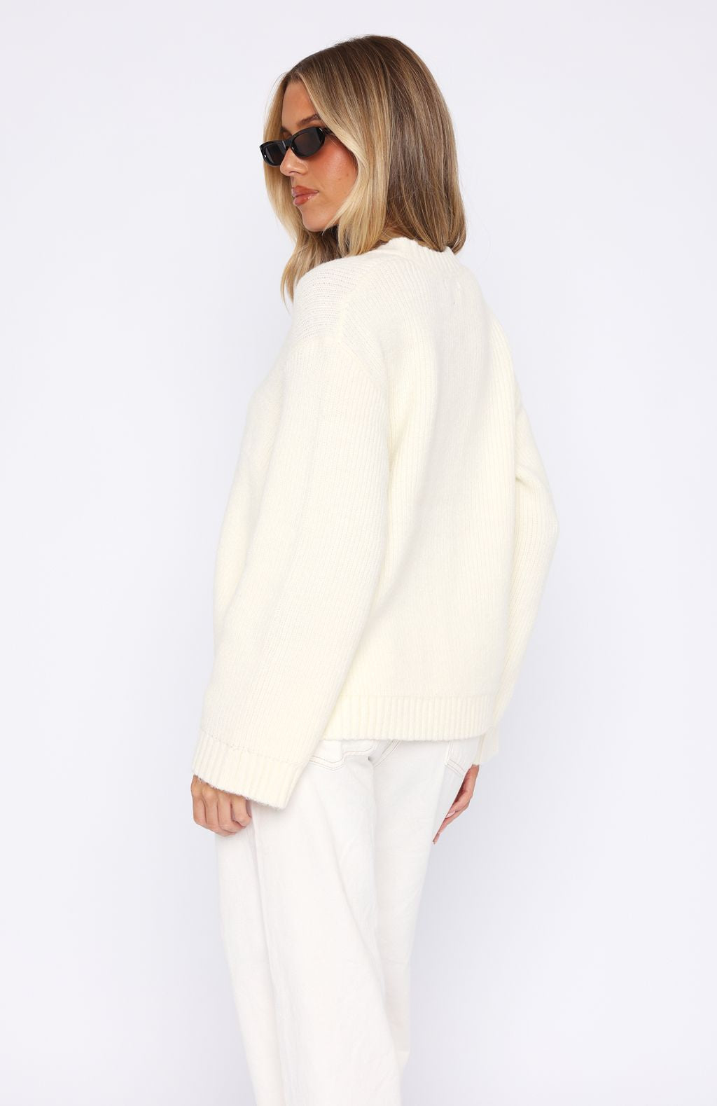 Off White Oversized Knit Cardigan with V Neck & Tie Front