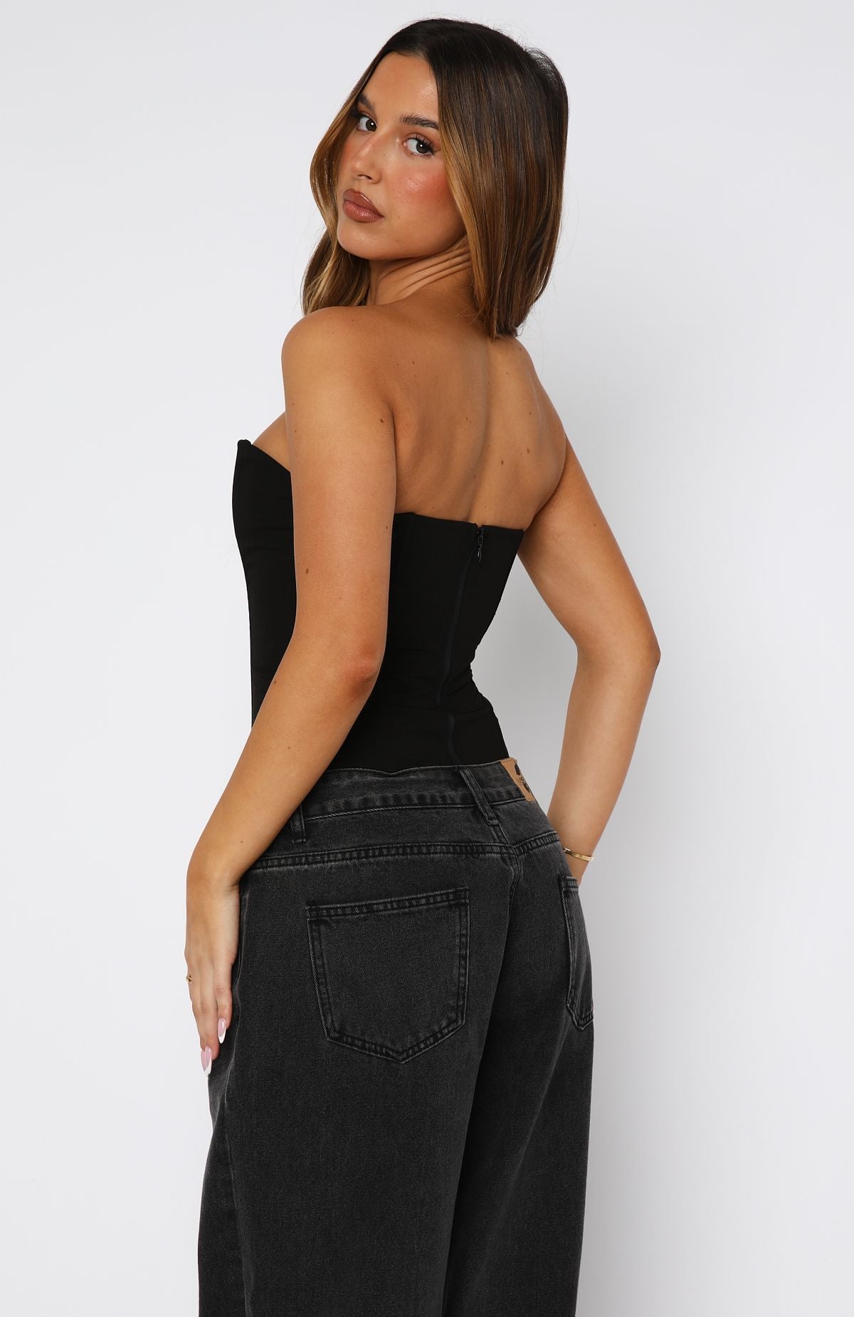 Black Strapless Bustier Top with Plunge Cut Out & Zipper Closure