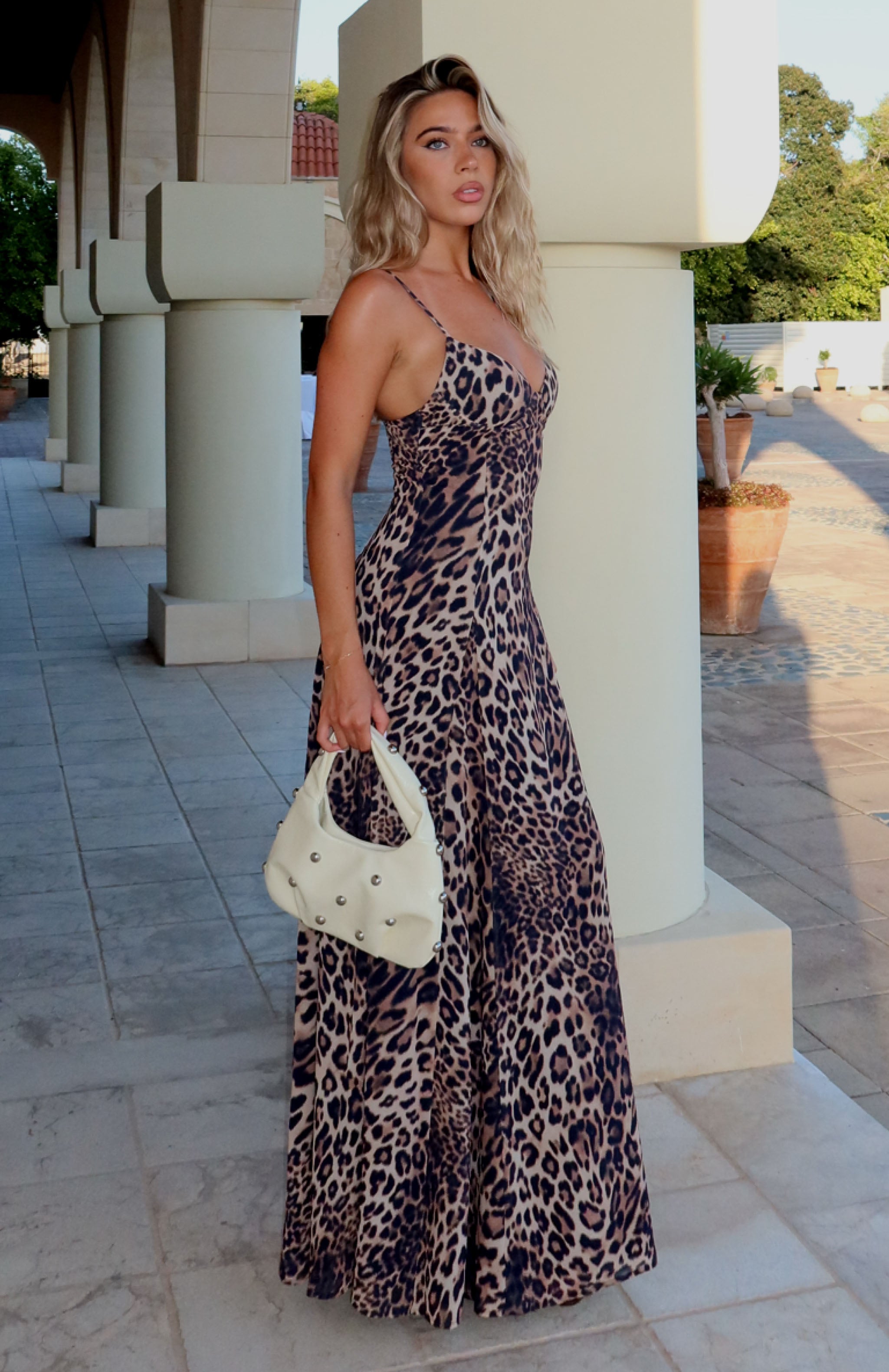 Leopard Print Maxi Dress with Adjustable Straps & Bust Cups